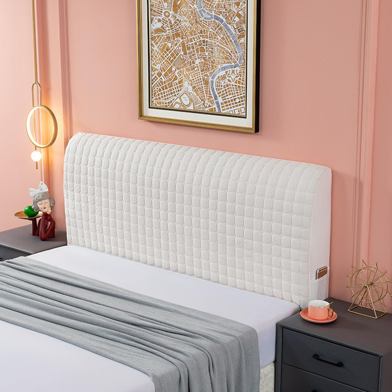 Housse de tête de lit extensible avec poches latérales et tissu anti-poussière