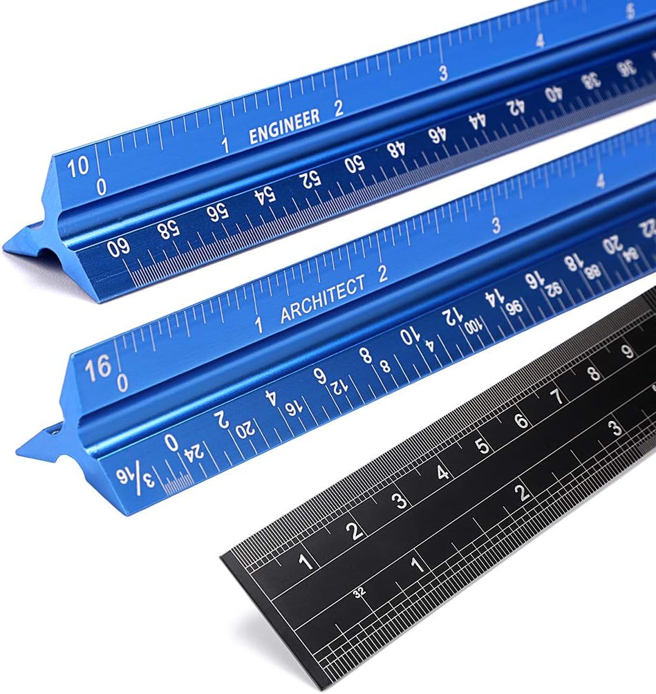 OwnMy 3 Pack 12 Inch Solid Aluminum Triangular Architect Scale Ruler Set, Architectural and Engineer Scale Ruler Set, Professional Etched Scales Drafting Rulers for Blueprints Civil Engineer, Blue