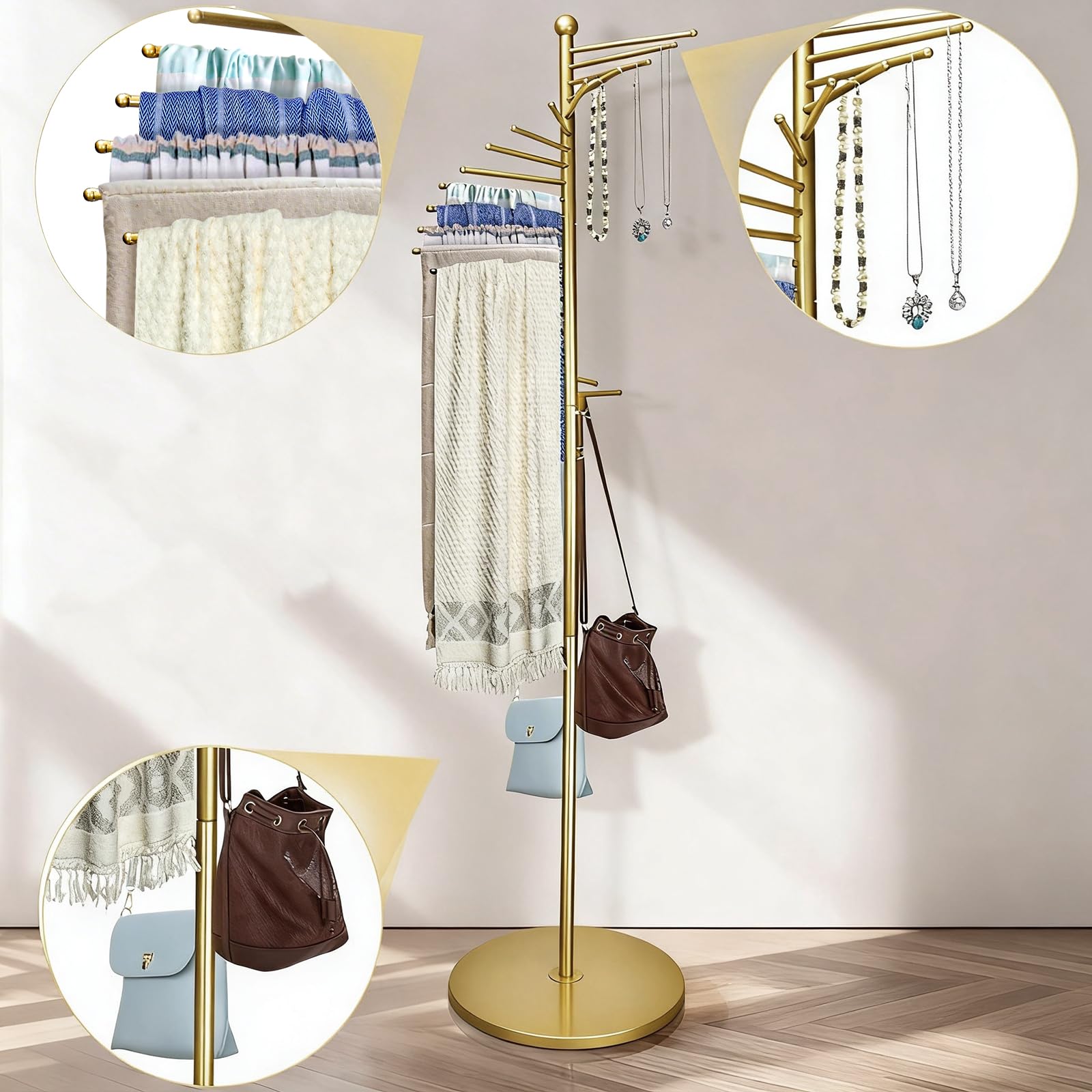 Schalhalter für Schals Krawatten, 150/170 cm Höhe Einstellbar, Schalaufhänger Freistehend mit 22 Kleiderstangen,Metall Spiralschalhalter Hängeorganizer für Schals Krawatten Gürtel (Gold)
