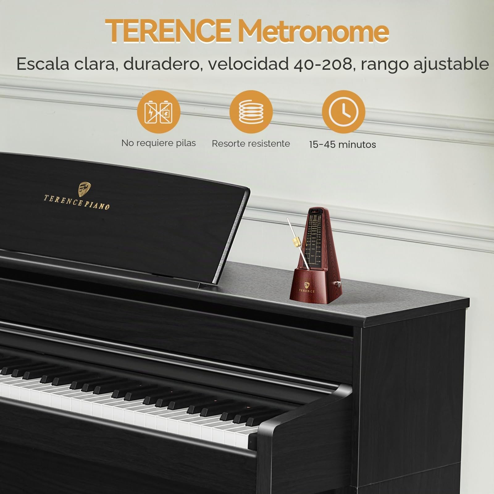 Metrónomo mecánico TERENCE, metrónomo de alta precisión, sonido fuerte, adecuado para piano, violín, teclado, bajo, guitarra, tambor Guzheng, adultos, niños, principiantes, profesionales,color nogal