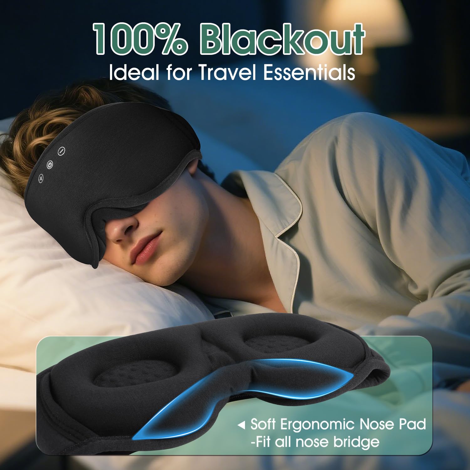 LC-dolida Bambou Masque de Sommeil Écouteur Bluetooth 5.4, 3D Masque de Nuit en Coton Bambou | Écouteurs de Sommeil Zero et 100% Blackout pour les Dormeurs Latéraux, les Voyages | Machine Lavable | Tissu doux 4D, respirant, zéro pression, occultation tota