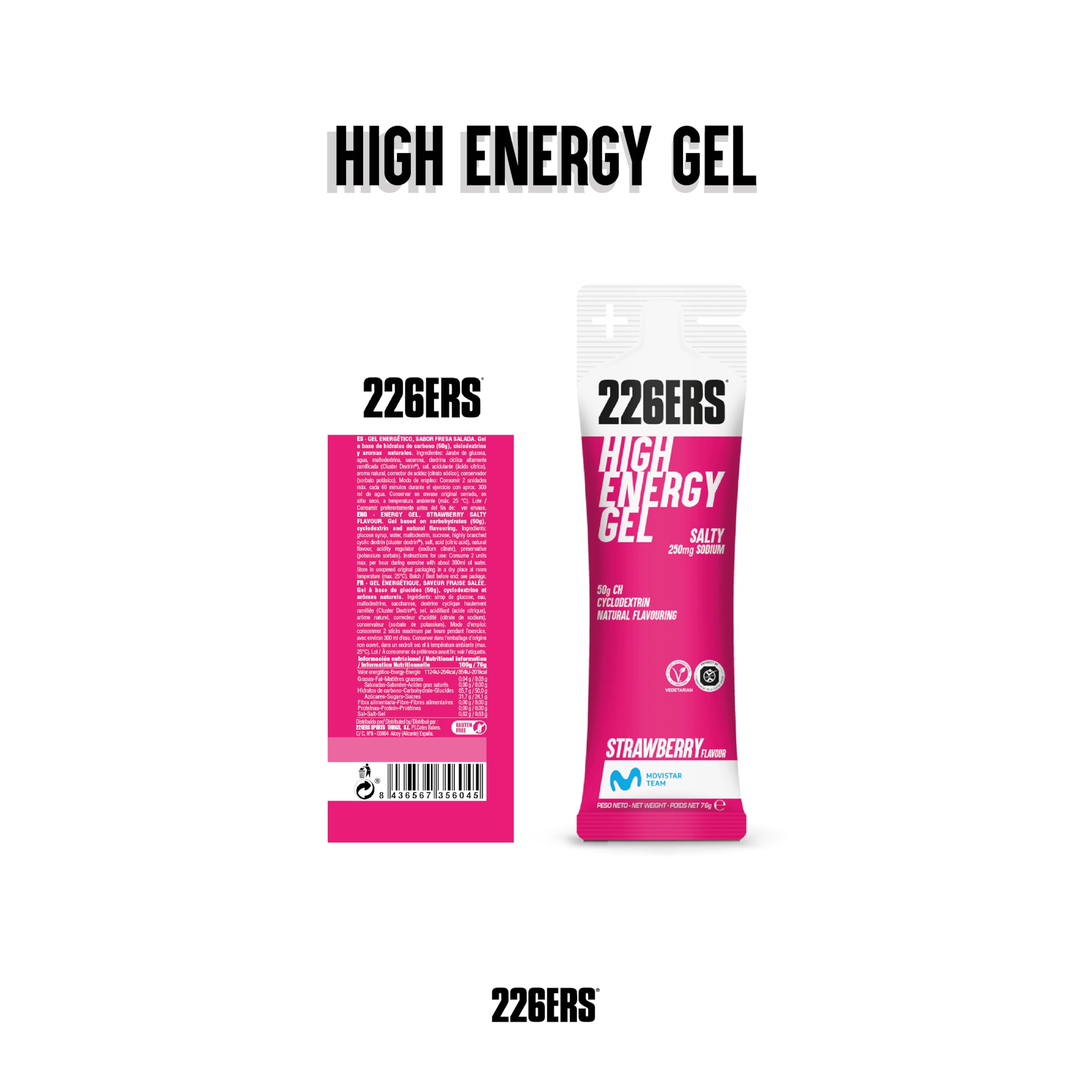226ERS High Energy Gel, Gel Energético Deportivo, Fresa 24 x 76g | 50g de hidratos, energía prolongada con ciclodextrina, rápido vaciado gástrico, mejor digestión, sin gluten, sin lactosa