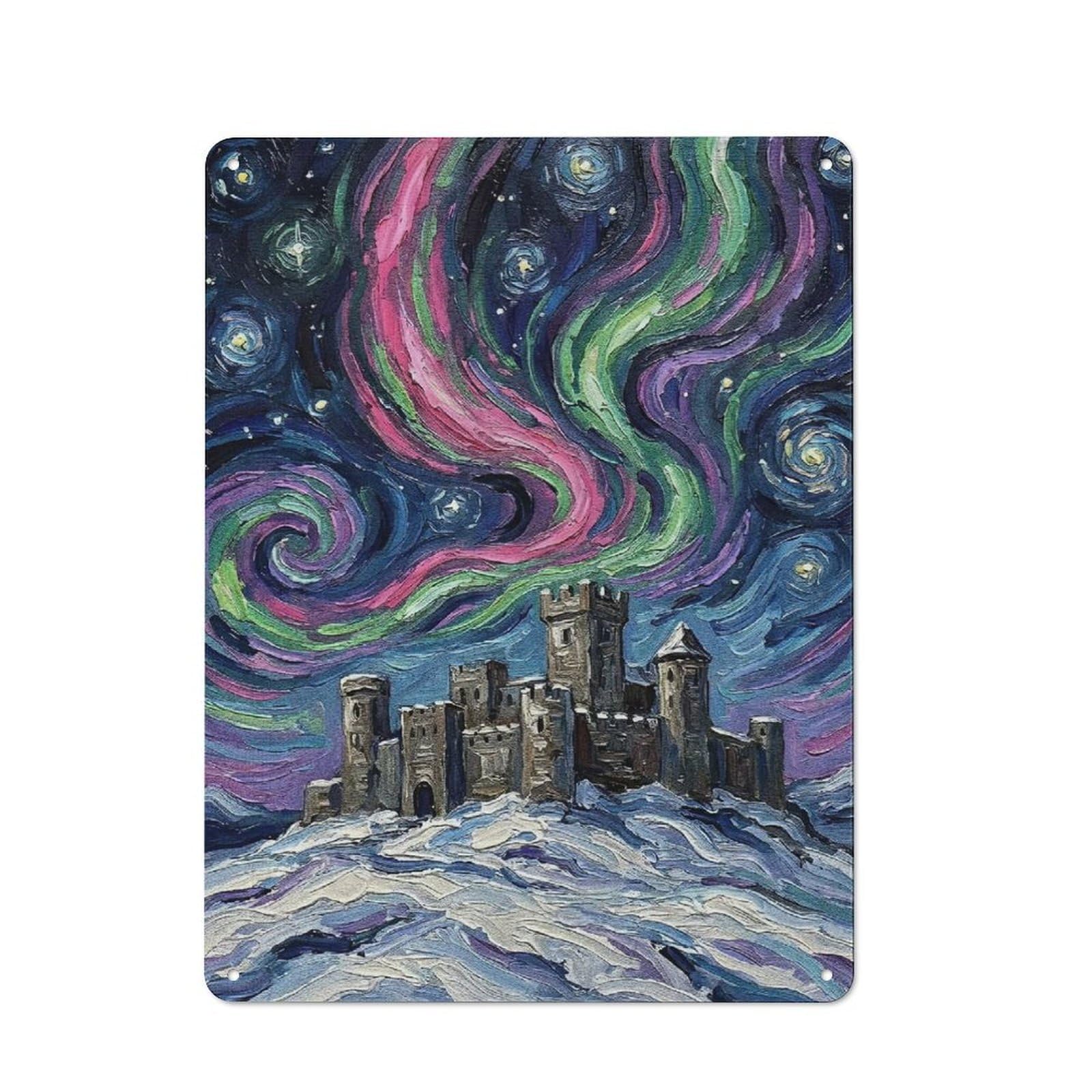 Castle Under Aurora Borealis Painting Shop Front Style Metal Wall Decor 40x30cm, Bistro Metal Sign for Takeaway, Bar, Kitchen Or Counter Area