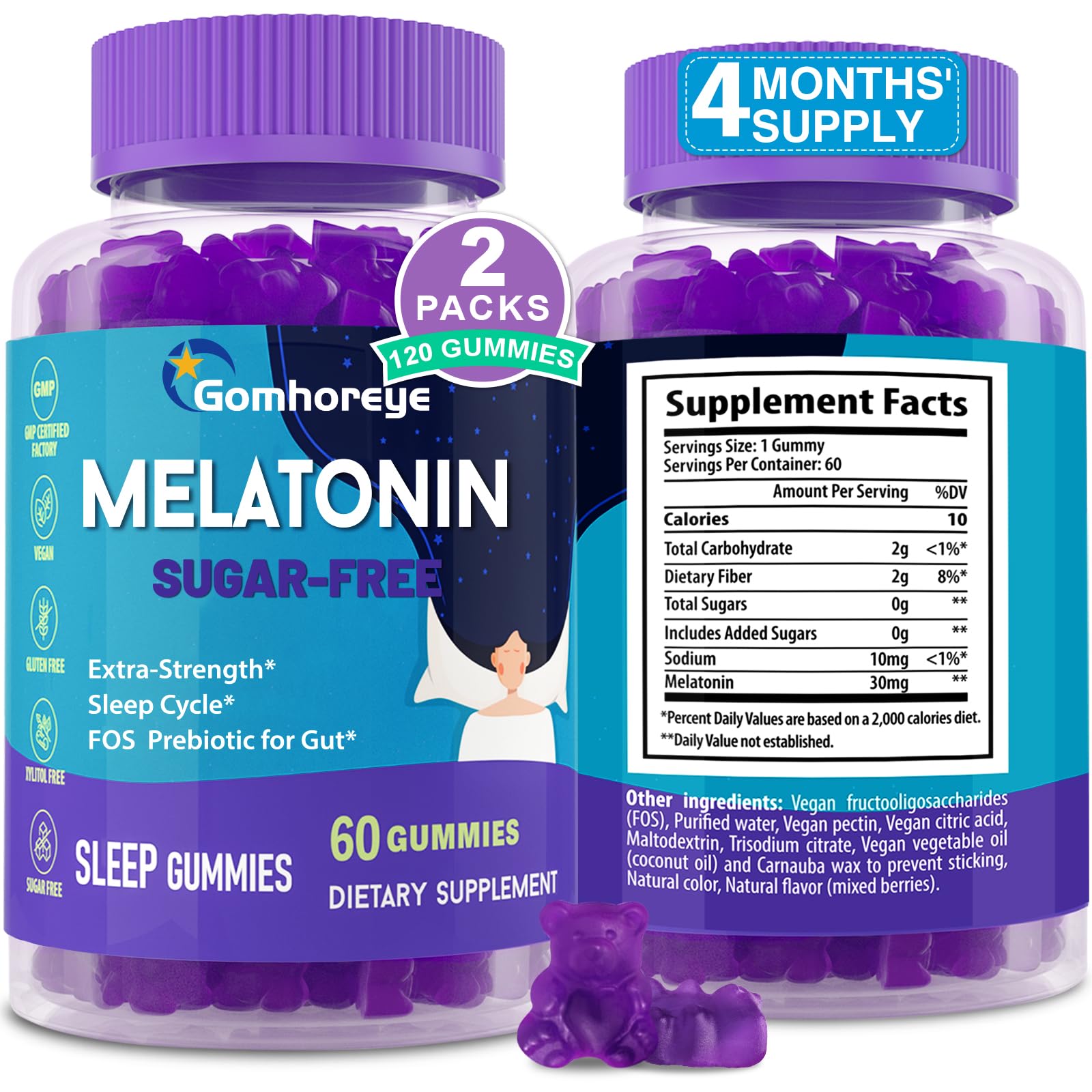 Melatonin Gummies 30mg for Adults - Maximum Strength Melatonin Gummies for Relaxation & Soothing, Exogenous Melatonin Supplement with FOS for Immune, Gut Health and pH Balance, Sugar Free -120 Counts