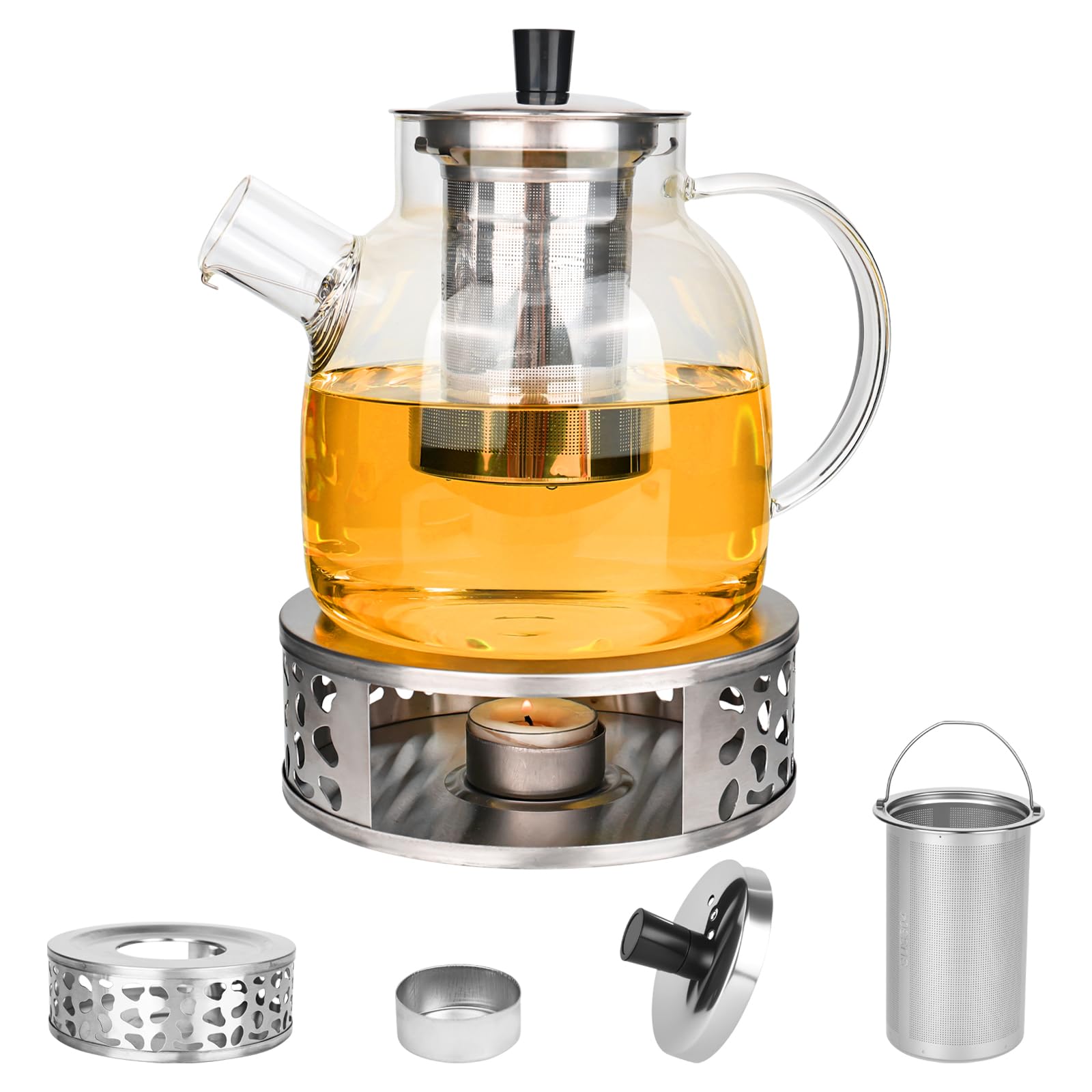 1.5L Teekanne mit Siebeinsatz und Stövchen, BorosilikatglasTeekanne mit Siebeinsatz Teekanne Glas mit Edelstahl Teewärmer für Losen Tee Alle Teesorten Teebeutel