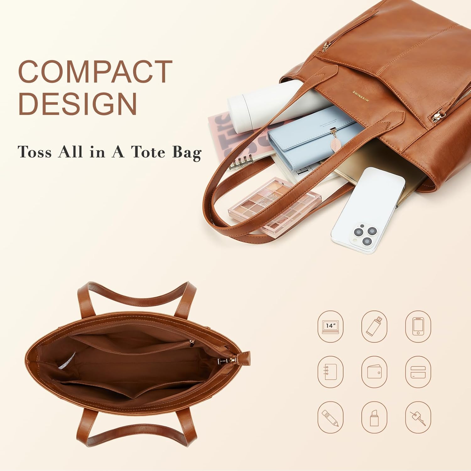 Missnine Tote Bag for Women with Zipper, Leather Purse and Handbags, Ladies Top-handle Shoulder Bags for Work, Casual, Travel