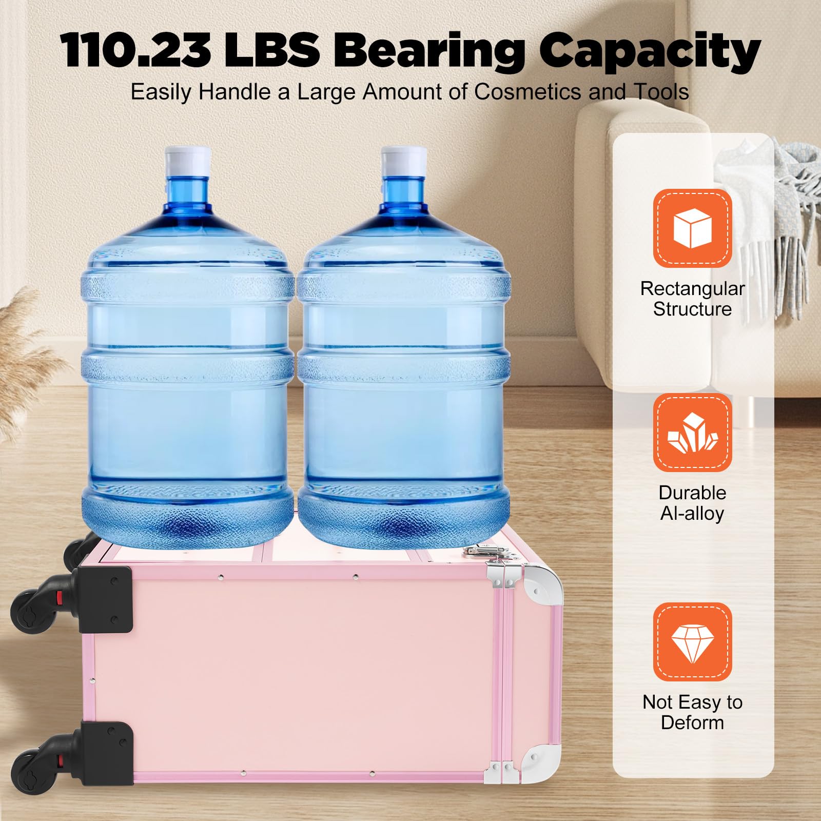 Maletín de maquillaje con ruedas con 50 compartimentos, maletín de maquillaje con 2 cajones y bolsa extraíble, de aluminio, con cerradura, capacidad de carga de 50 kg, color rosa