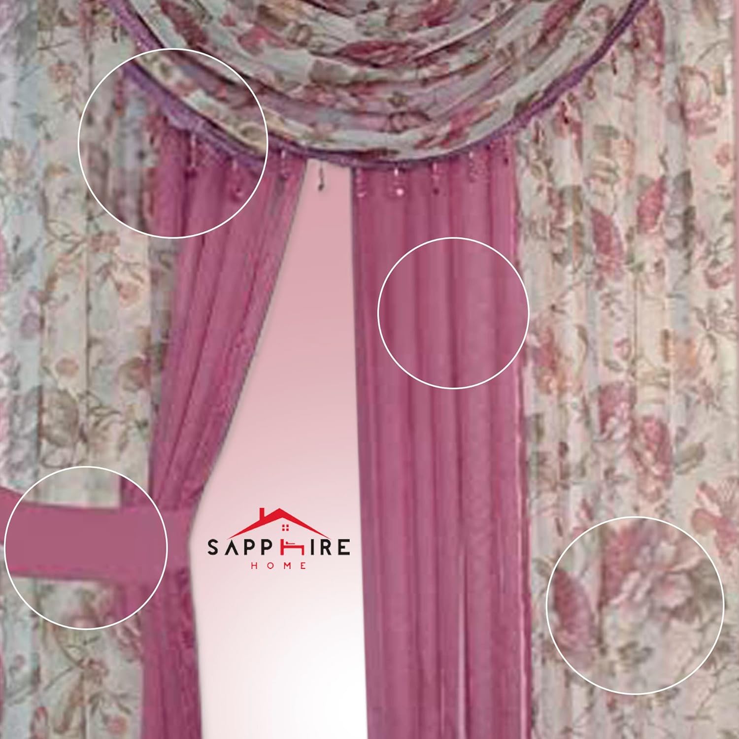 Sapphire Home Sheer Curtains - Two Tone 4 Panels Set w/Valance & Tiebacks, 55"x95", Lightweight Light-Filtering Window Curtain for Living Room, Bedroom, Kitchen, Dining Room - Floral Rose/Pink