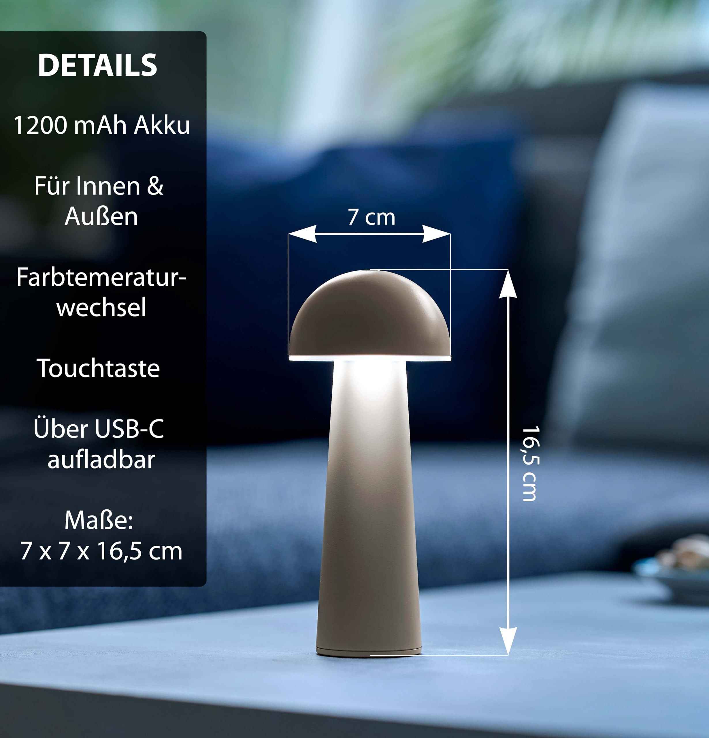 Northpoint Moderne LED Akku Tischleuchte in Pilzform im 3er-Set für den Innen- und Außenbereich stufenlos dimmbar USB-Ladung CCT Farbwechsel (beige, Pilzform)