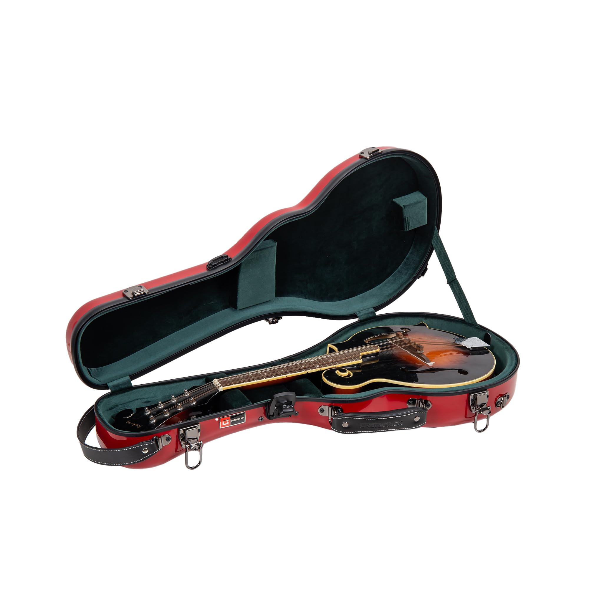 Crossrock Fiberglass Mandolin Case – Contoured for A & F-Style (Universal Fit) | Red Gloss, Forest Green Velvet, TSA Lock, Backpack Straps, Accessory Compartment – Sleek Pro Travel Case​