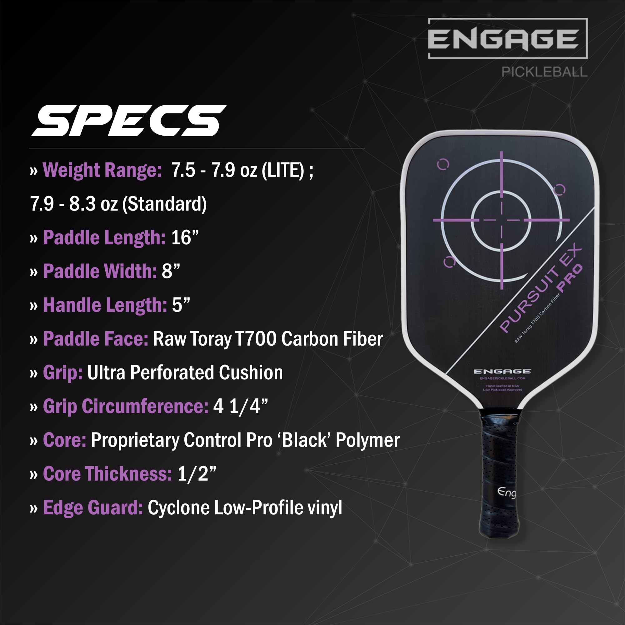 Engage Pursuit Pro EX Pickleball Paddle – Widebody Shape, Raw T700 Toray Carbon Fiber Face, 13mm Control Pro “Black” Core (Deep Magenta, Lite (7.5-7.8oz))