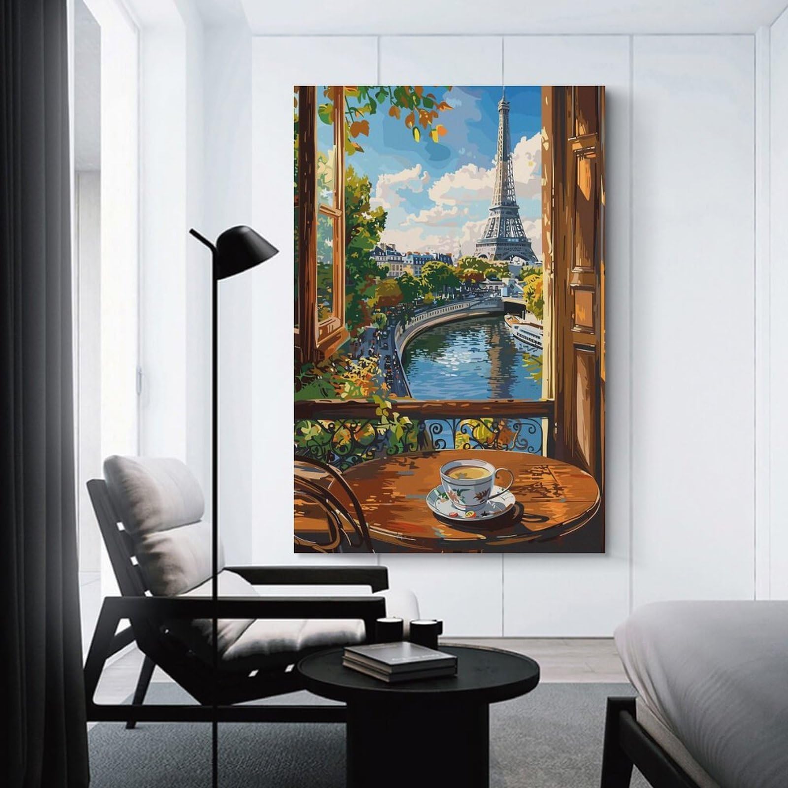 Junmoney Wall Decor Canvas Print Parisian View with Coffee Cup, 20x30inch(50x75cm), for Bedroom, Lounge Or Dressing Area, Stylish Decor for A Restful Room Update
