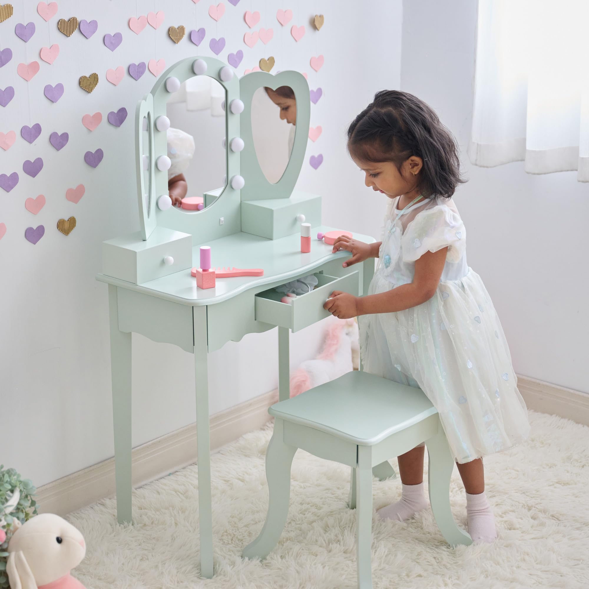 Teamson Kids Coiffeuse Enfant cœur Verte avec Miroir LED Triple Tabouret tiroirs Accessoires pour favoriser Imagination et autonomie