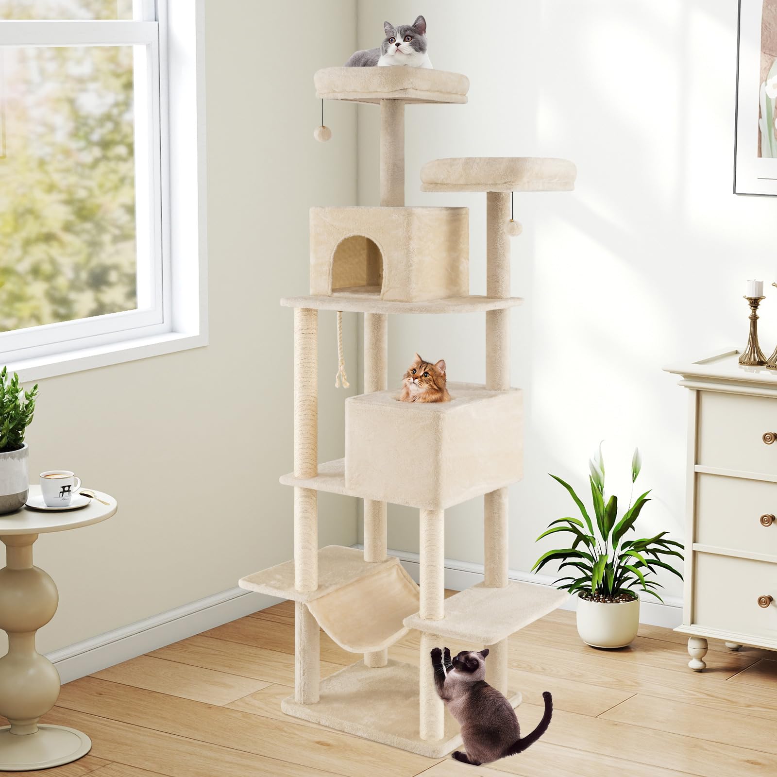 COSTWAY Árbol Rascador para Gatos de Varios Niveles, Torre de Escalada para Gatitos con 2 Condos, 2 Perchas de Terciopelo, Postes de Sisal y Cuerda, Juguetes Colgantes, Plataformas Múltiples,Beige