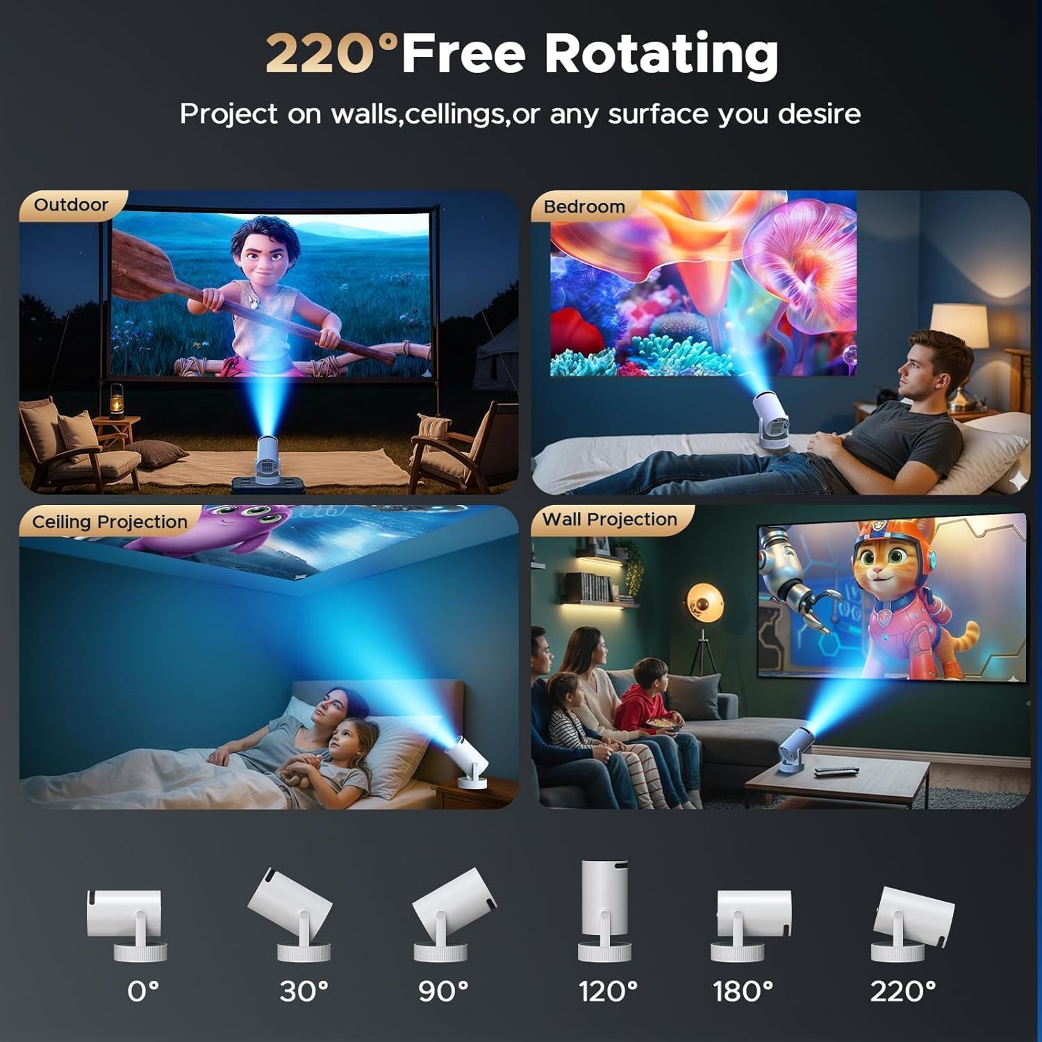 Mini Projector, Projector with Wifi and Bluetooth Built-in Battery 4K Portable Projector for Outdoor Bedroom, Smart Projectors 1080P Compatible with iphone/TV Stick/HDMI/Laptop