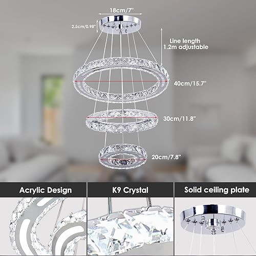Miniatura 6 de CXGLEAMING Candelabros modernos LED de techo, 3 anillos, lámpara colgante de techo ajustable para sala de estar, comedor, dormitorio, pasillo, base