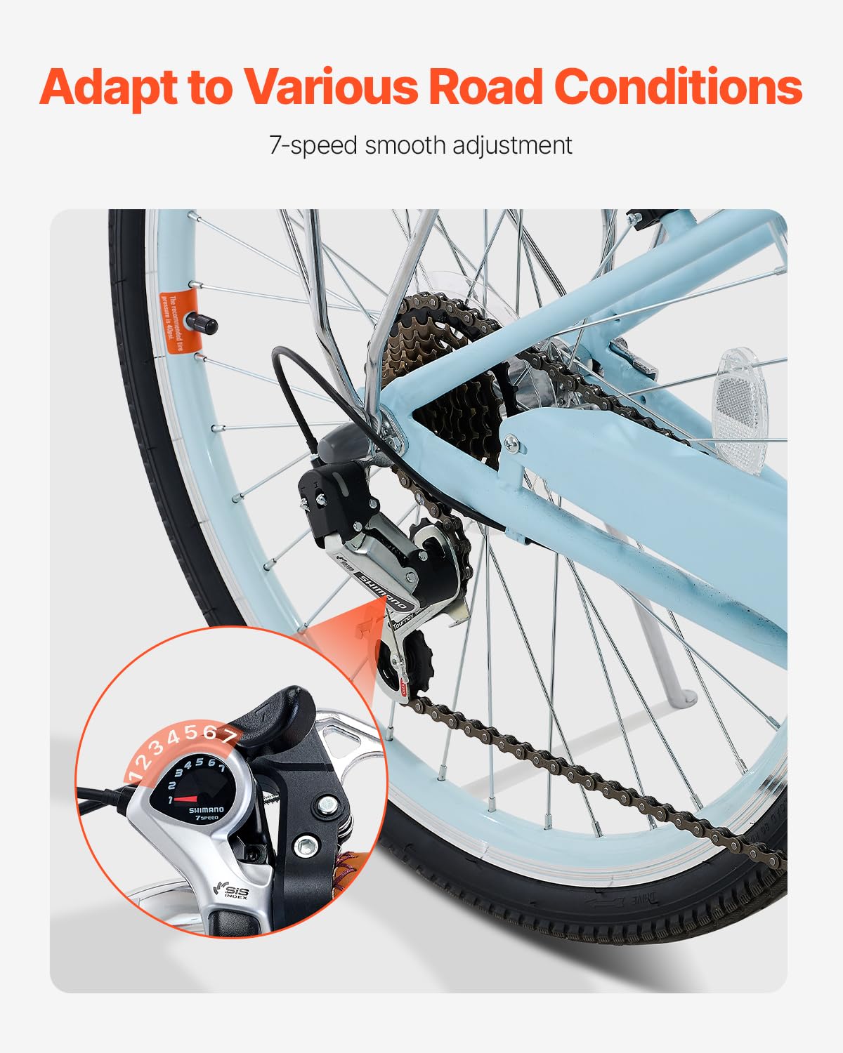 VEVOR Cruiser - Bicicleta de playa con 7 velocidades (diámetro del neumático 660,4 mm) con cesta grande y portaequipajes, bicicleta cruiser con asiento ajustable, para ciclismo, entrenamiento y