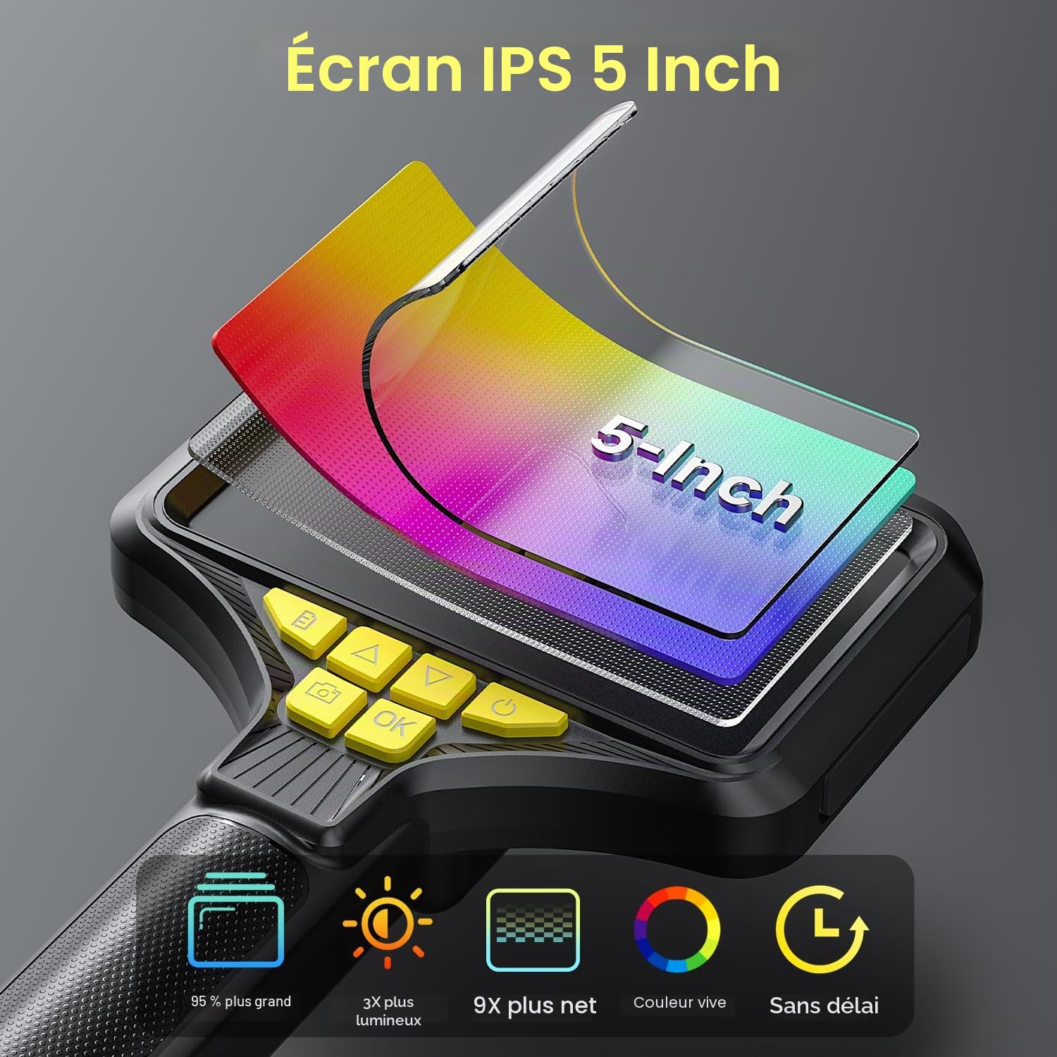 Caméra Endoscopique Manuelle à Double Objectif, écran IPS de 5,0" Endoscope, caméra d'inspection Industrielle HD 1080p avec 8 LED, sonde endoscopique étanche IP67 avec câble de 5 m