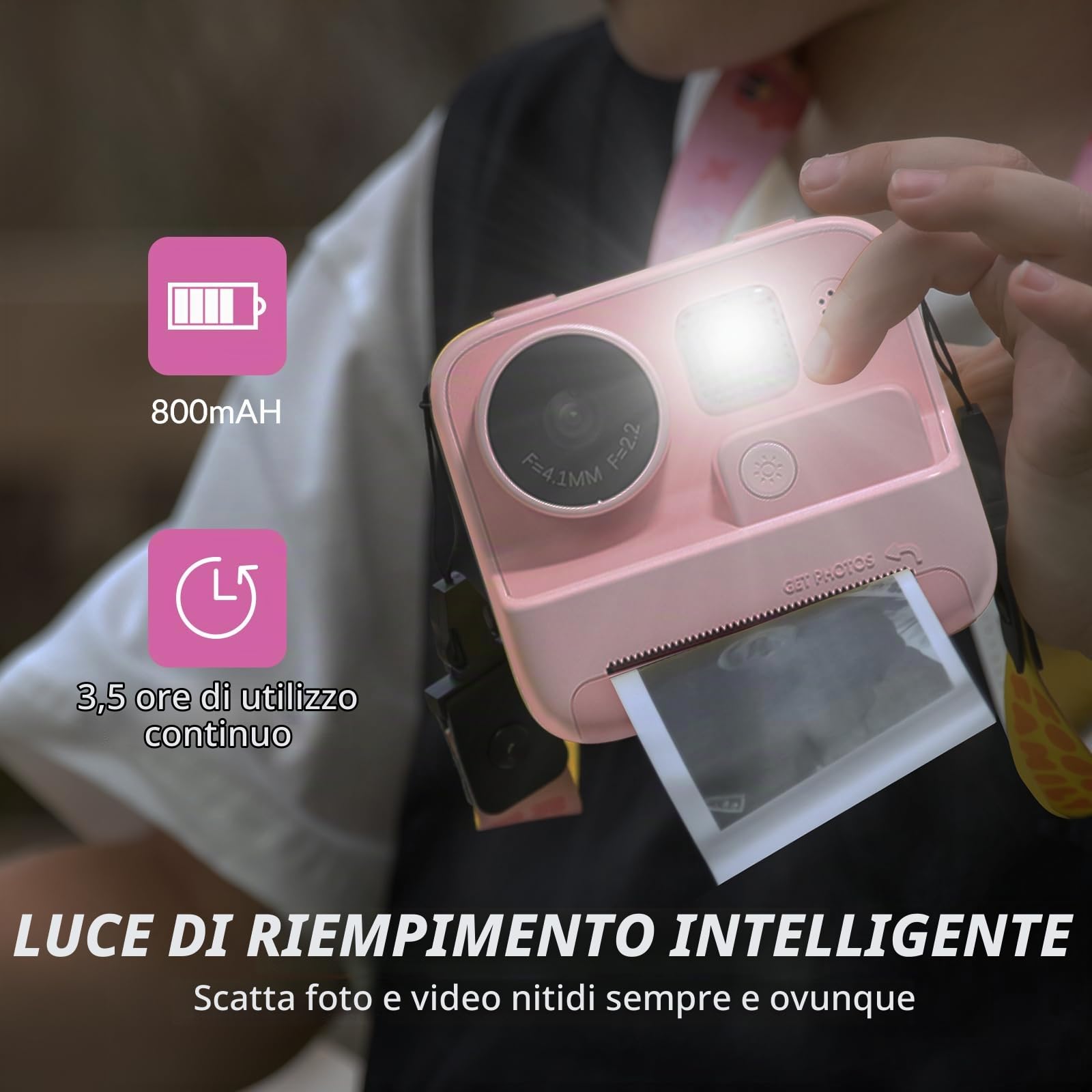 Mafiti macchina fotografica Bambini istantanea,40MP/1080P HD Fotocamera istantanea per Bambini Digitale con Scheda TF da 32GB,Carta da stampa e accessori carini,Ricaricabili (Rosa)