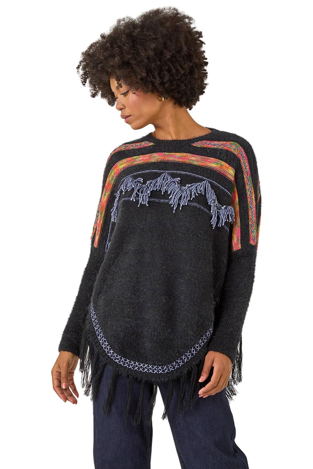 Roman Originals Jacquard Tassel Knit Jumper for Women UK - Ladies Everyday Autumn Winter Round Neckline Comfy Soft Evening Vacation Work Party Night Out - Black - Size 16