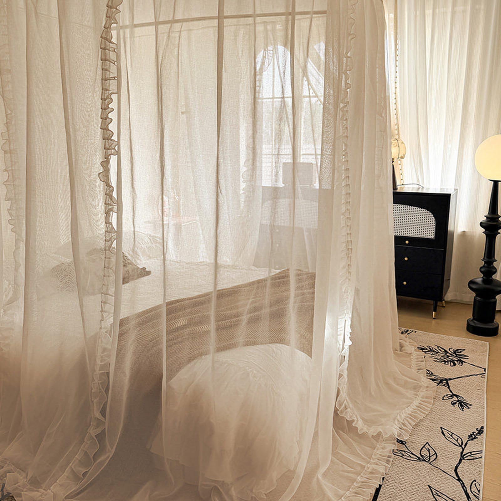 Zasłony z baldachimem na łóżko z moskitierą, eleganckie, miękkie lniane zasłony z 3 otworami do dekoracji sypialni, 150 cm szer. x 208 cm dł., idealne do pokoju dziewczęcego