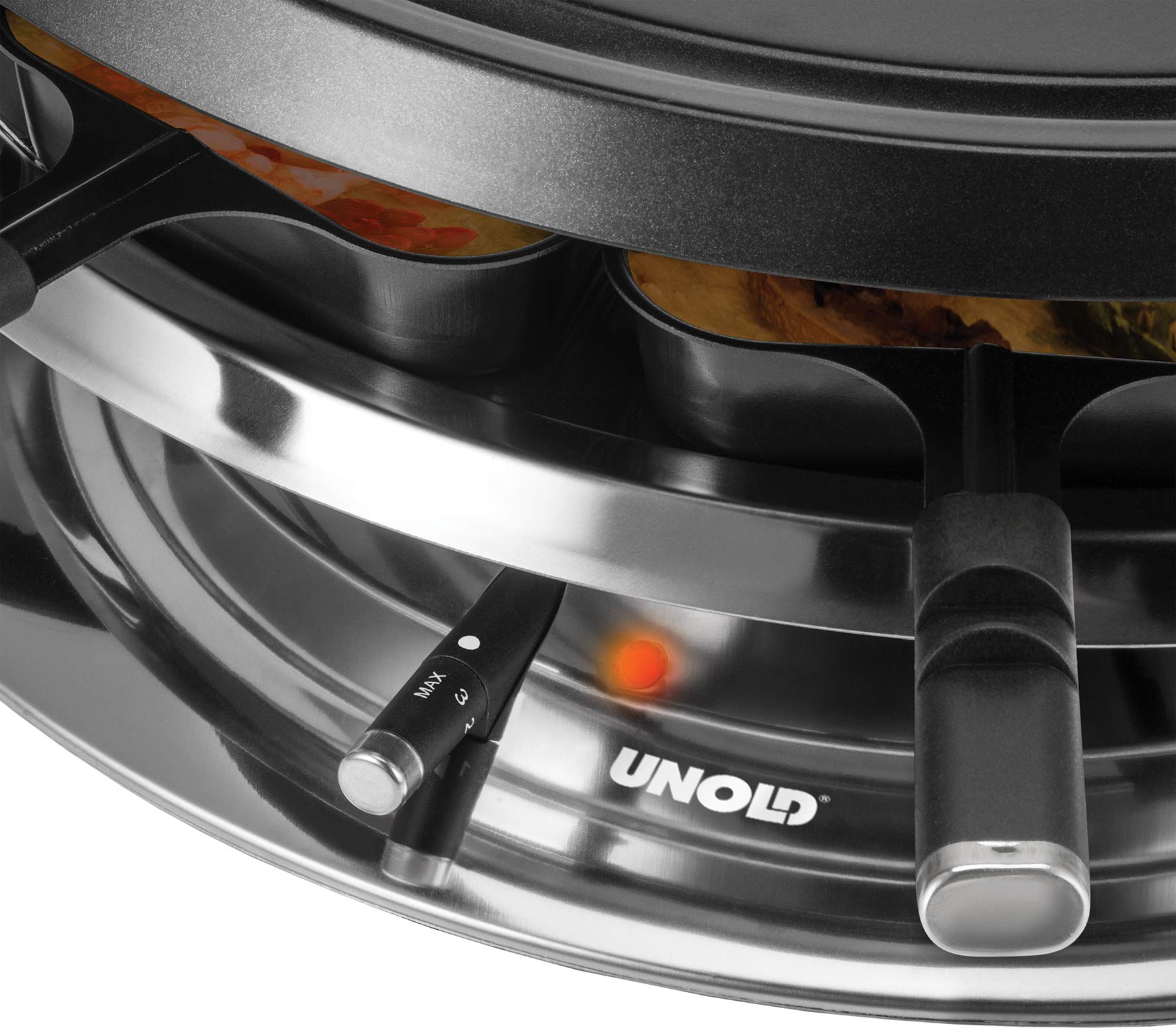 Unold 48726 Raclette Multi 4 in 1-1300 Watt, Für bis zu 8 Personen, Antihaftbeschichtung, Raclette, Fondue, Heißer Stein und Grill, Füllmenge ca. 700 ml