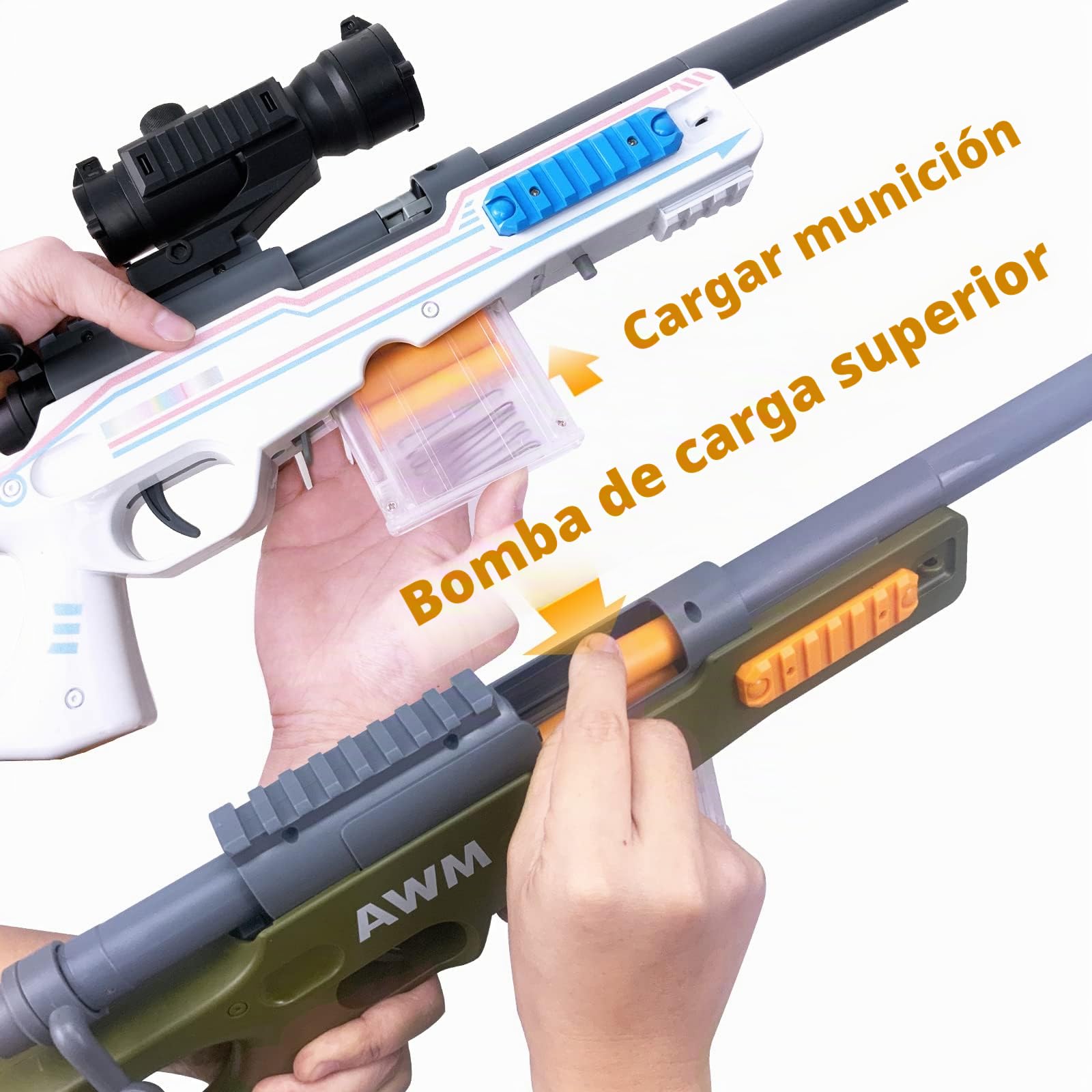 AGM MASTECH AWM Pistola lanzadora de proyectil, 40 Dardos Oficiales, Clip de 4 Dardos, 2 revistas, Stock extraíble, extensión de Barril, Juego de Juguetes Blaster para niños, niños y Adultos(Blanco)