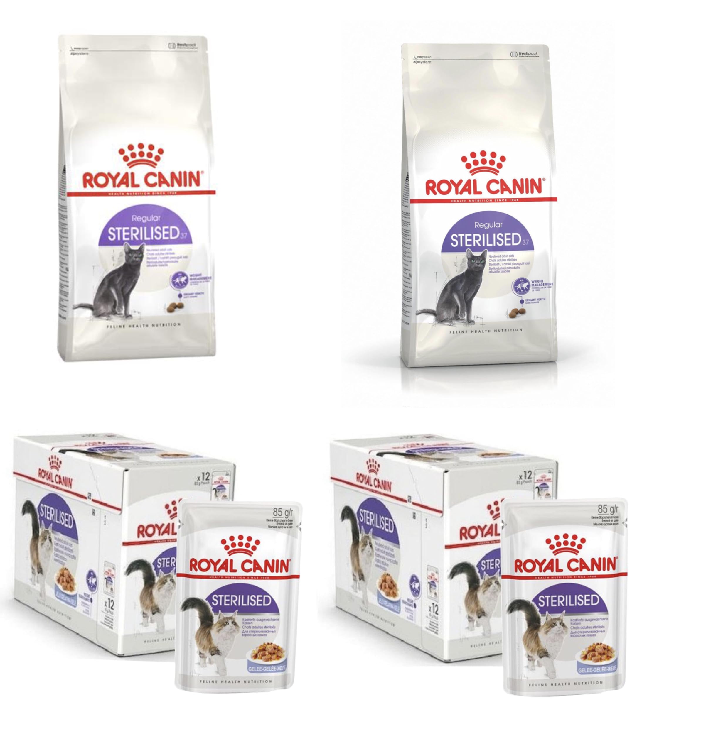 Cibo Adult Sterilised, Cibo per Gatti Sterilizzati, 2 Confezioni da 400 g e 24 Bustine da 85 g in Gelatina