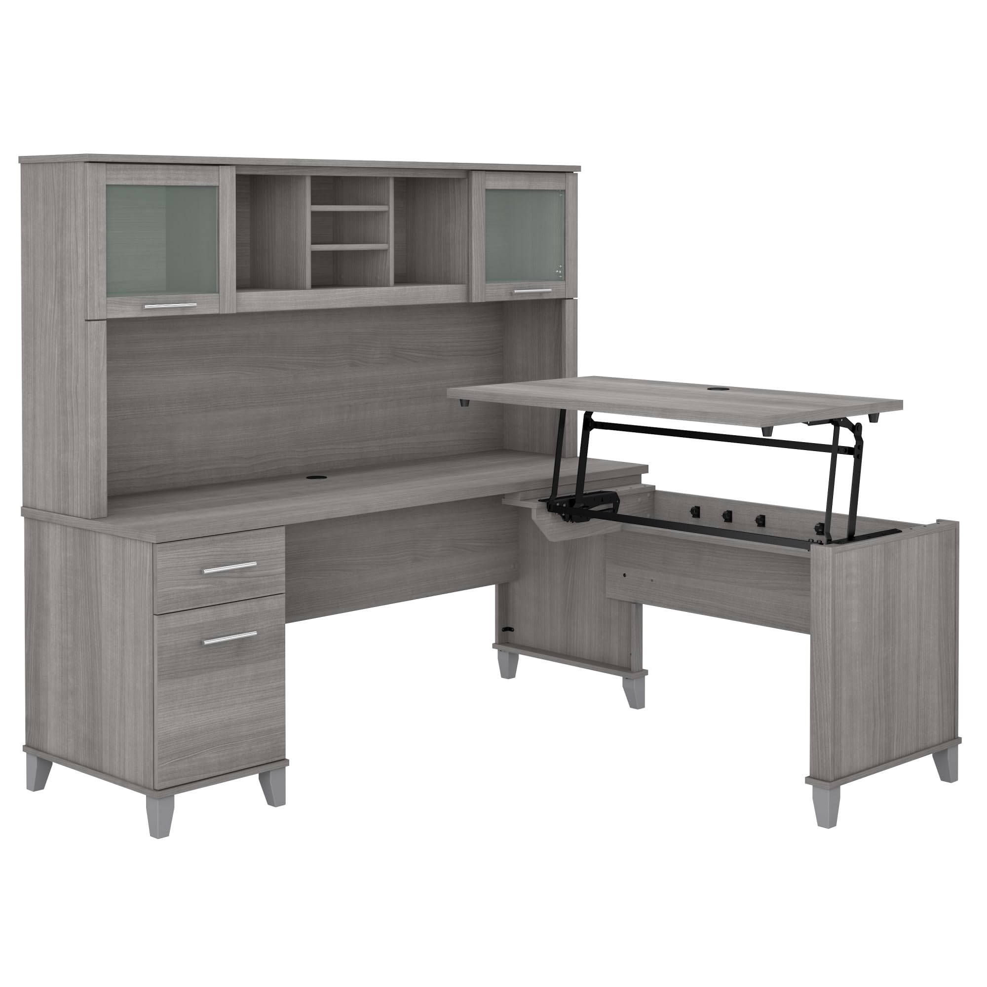 Bush Home Somerset 72W 3 Position Sit to Stand L Shaped Desk with Hutch in Platinum Gray | Adjustable Height Table for Office
