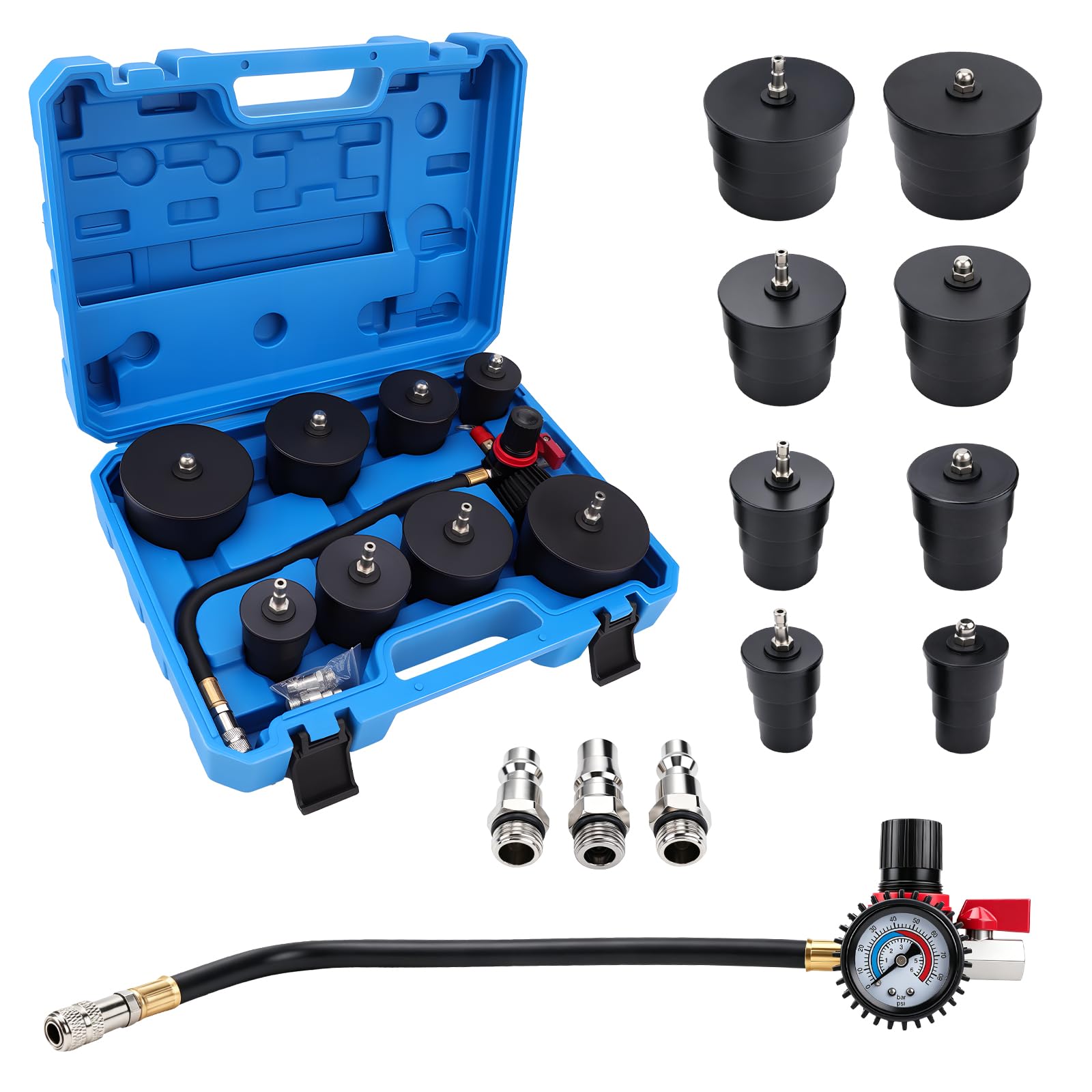 Turbolader Test Set 9 Stück Turbolader Ladeluft System Adaptersatz, Abdrücksatz für Ladeluftkühler, Prüfwerkzeuge für Ladeluftschläuche, Abgasturbolader und Kompressorsysteme