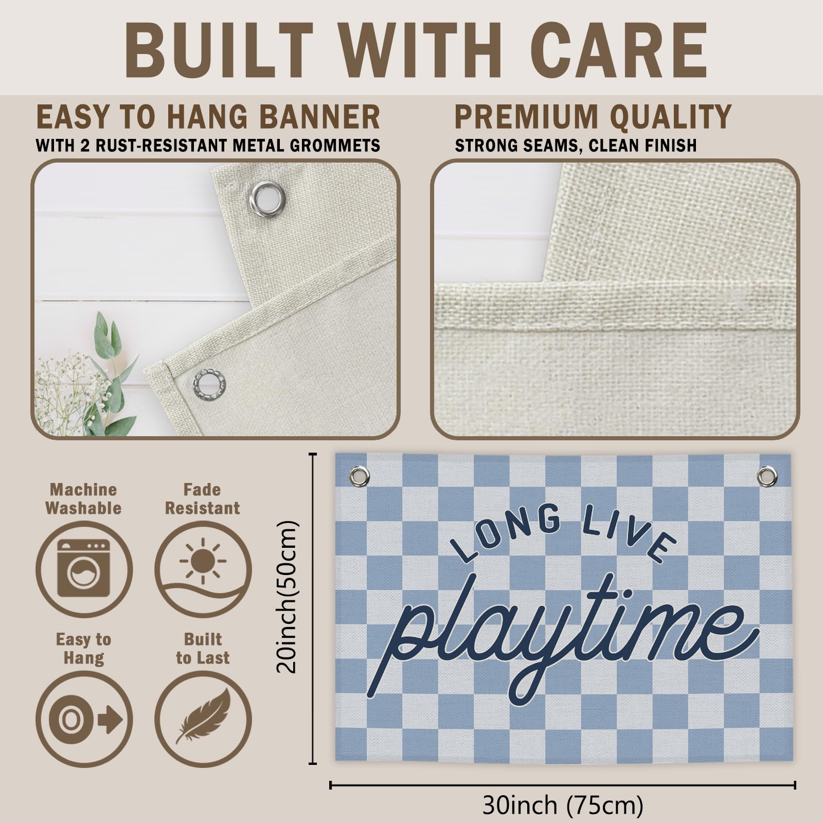 MNASAIOO Long Live Playtime Banner, Blue Checkered Playroom Kids Boys Room Decor, Nursery Canvas Flag Wall Hanging Decor Art for Toddler Room Classroom Preschool 20x30in