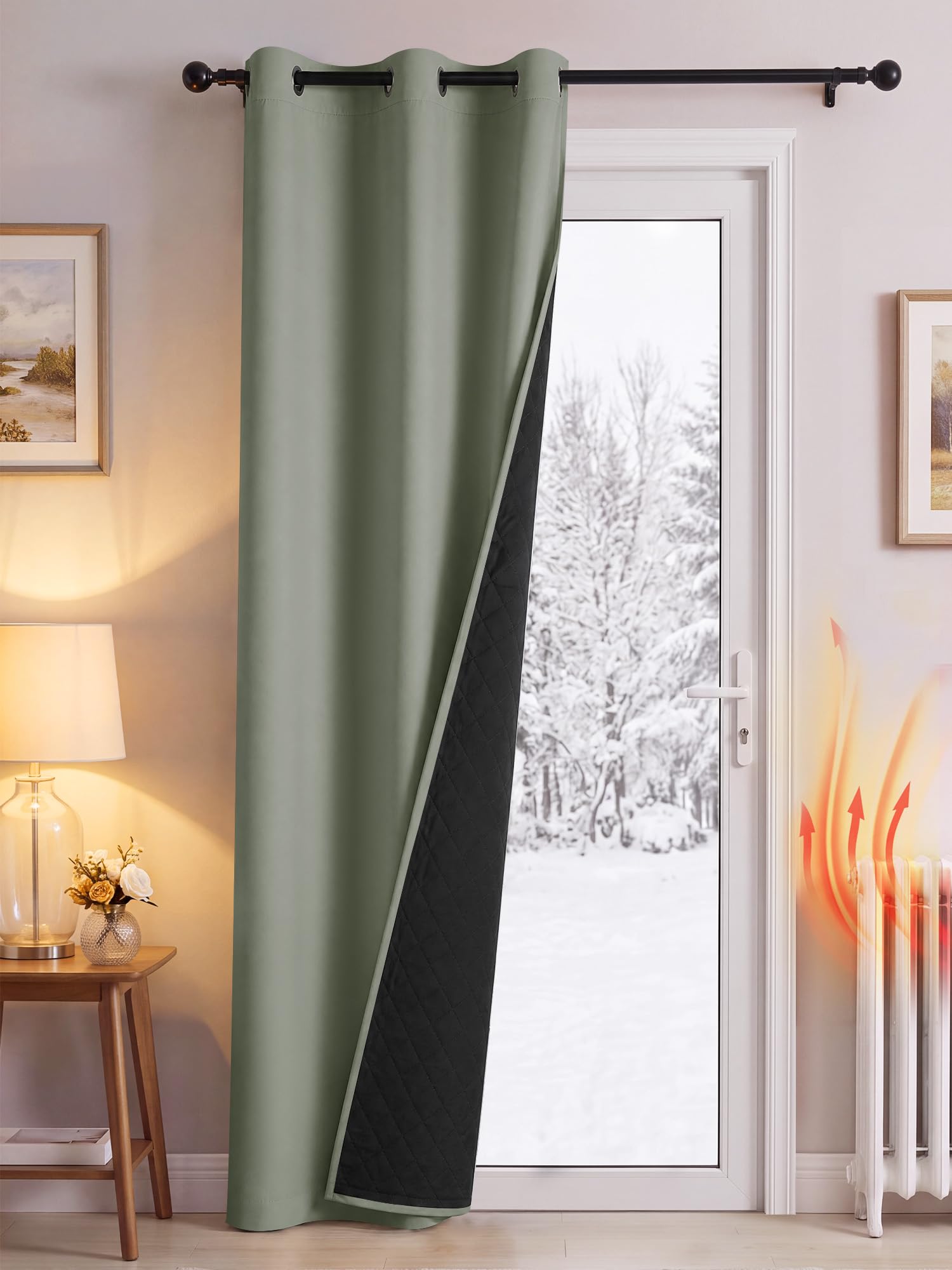 PONY DANCE Thermal Door Curtain with Quilted Lining, Sage Green, 42x84