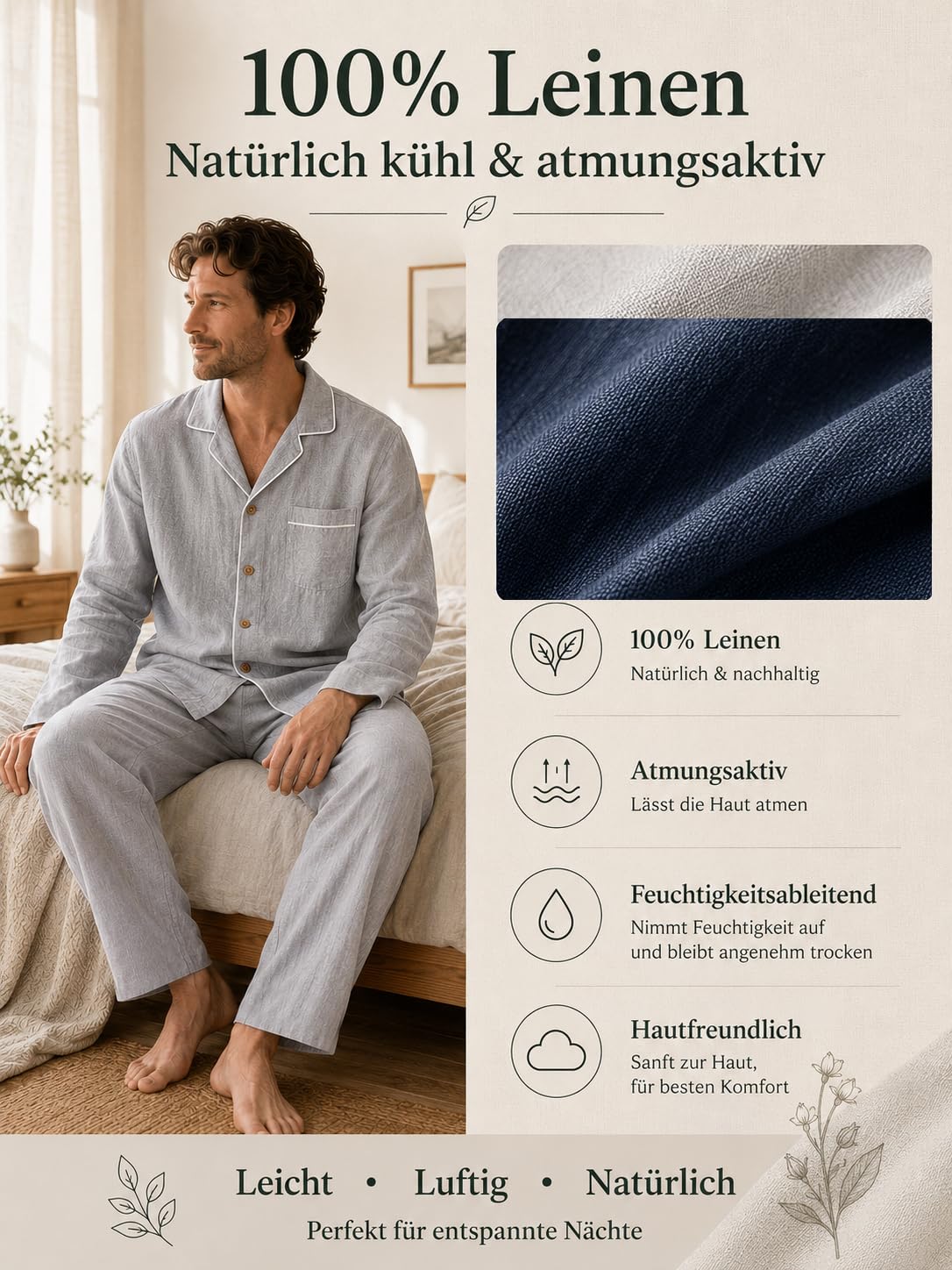 RAKUYUME Herren Schlafanzug Set aus Reinem Leinen, Langarm Pyjama mit Knopfleiste und Reverskragen, Grau, Atmungsaktiv, Elastischer Bund, Frühling Herbst (DE/NL/SE/PL, Alphanumerisch, M, Dunkelblau)