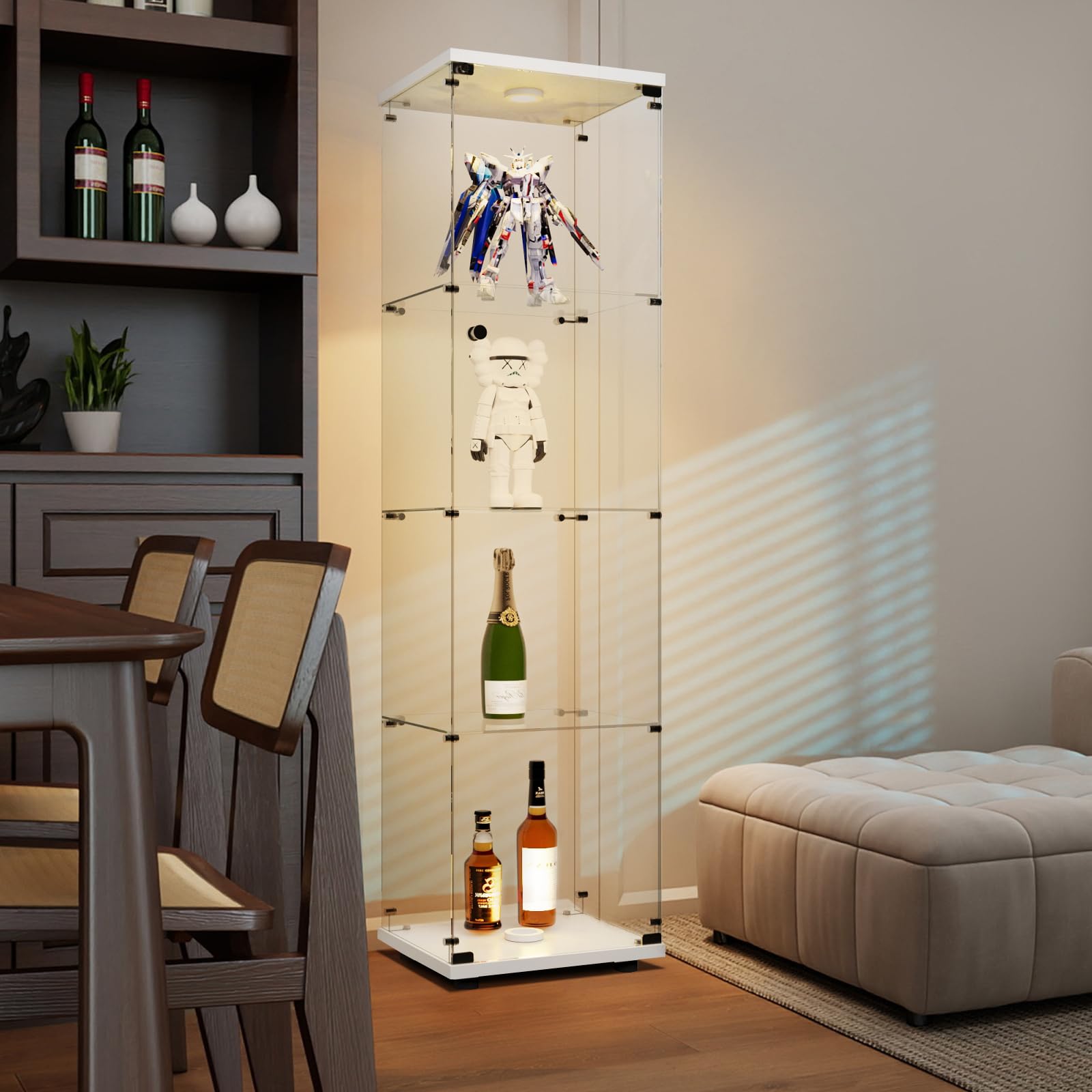 Vitrina de Cristal con LED, Armario para colección con 1 Puerta, 4 estantes, Transparente, gabinete, Vitrina, Cristal, Vitrina, estatuilla, gabinete, Vitrina, salón, Bar (4 Pisos,1 Puerta