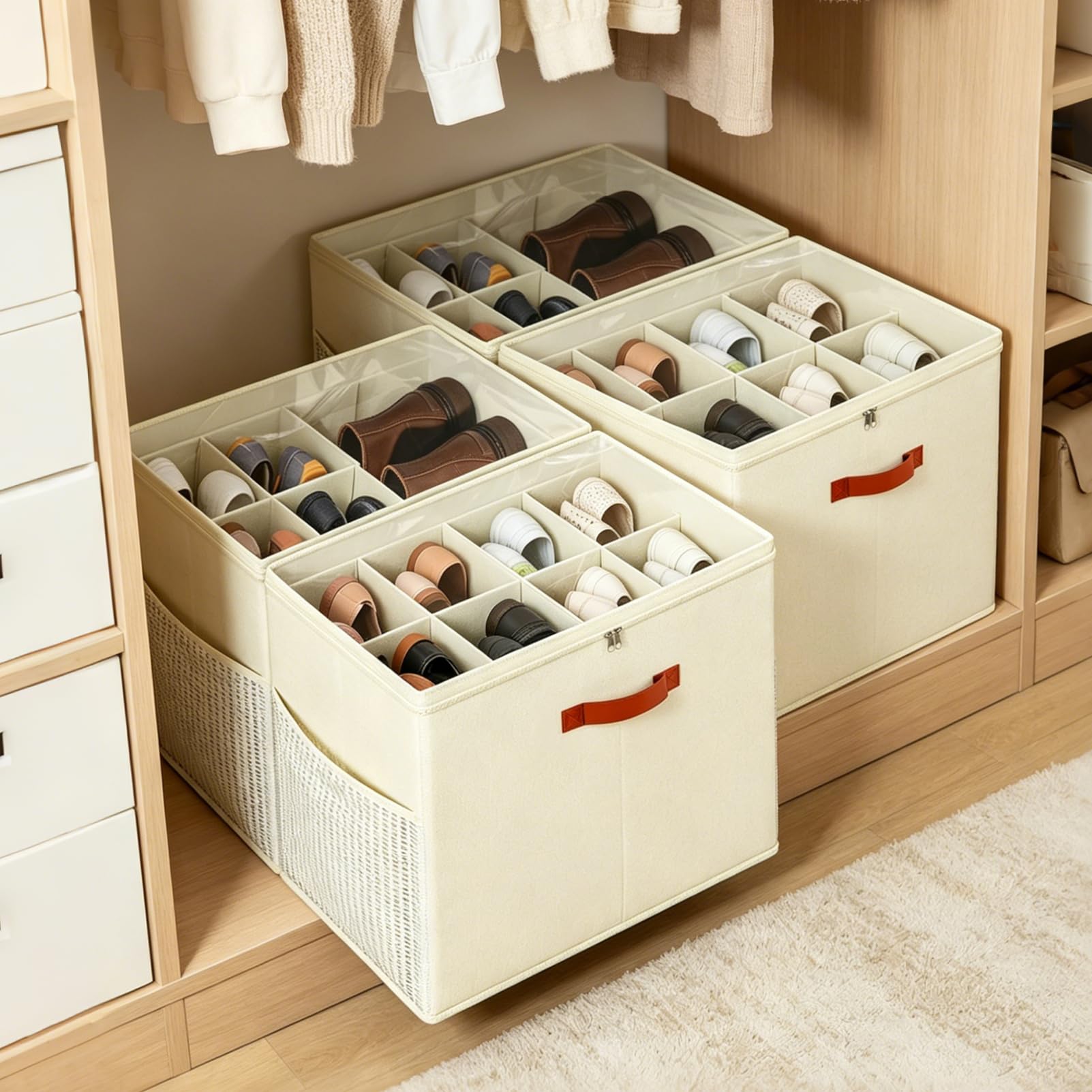 Set di 4 Organizer per Scarpe con Manici, con Doppia Cerniera | Scatole Porta Scarpe Pieghevoli in Tessuto, Contenitori per Armadi, per un Massimo di 32 Paia, con Finestra trasparente