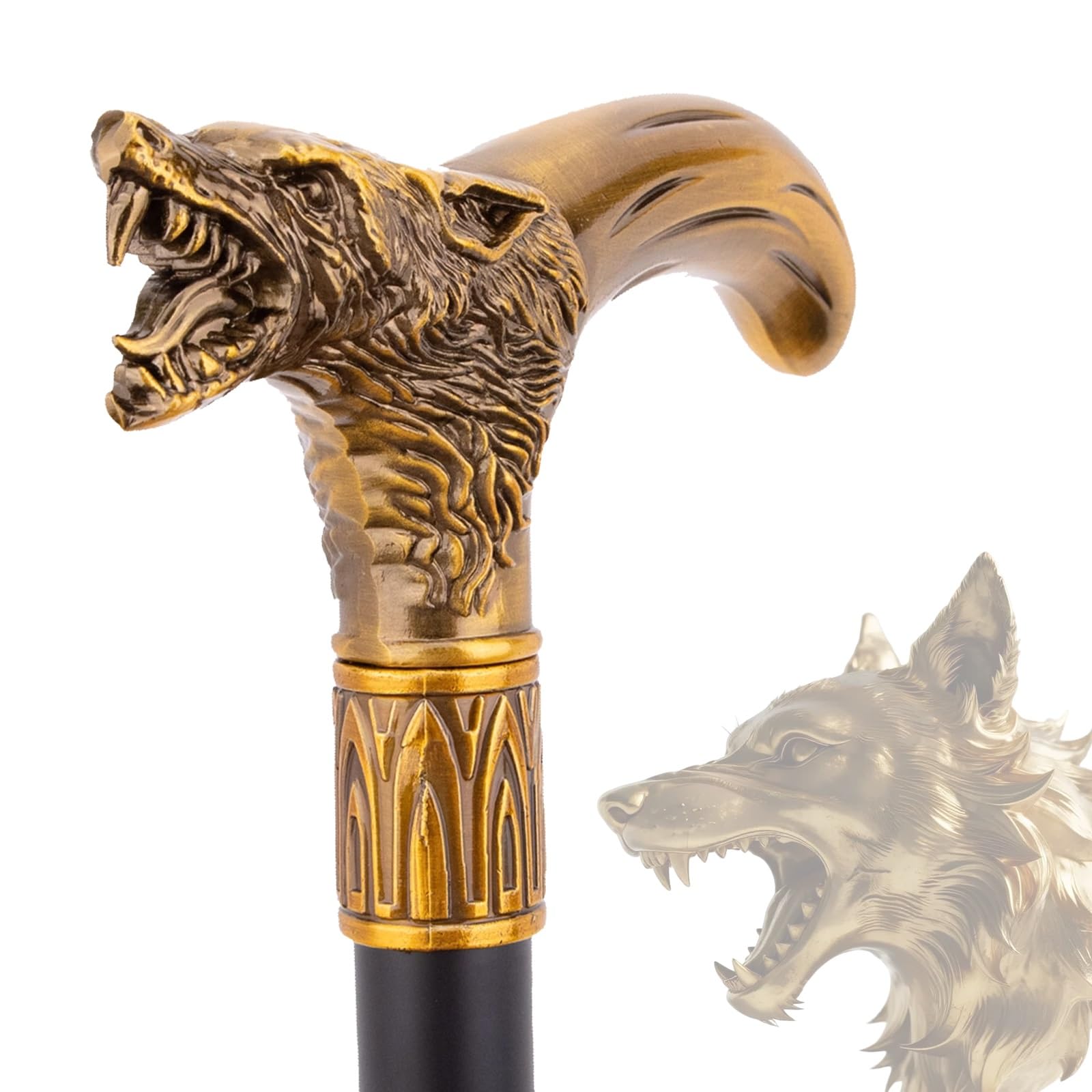 Bastón para Caminar Rey Lobo de Latón y Aleación de Aluminio para Hombres y Mujeres, Bastón Metálico Gótico Decorativo y Ornado con Empuñadura Ergonómica para Personas Mayores