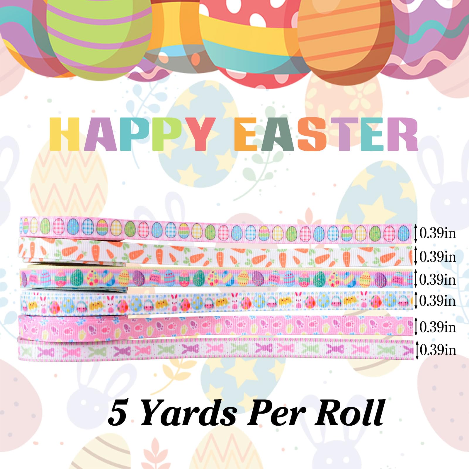 WANDIC 4 rotoli di nastri pasquali in poliestere, 9,1 m di nastro pasquale su un solo lato a strisce per regali di Pasqua nastro da regalo con coniglietto per decorazione uova per
