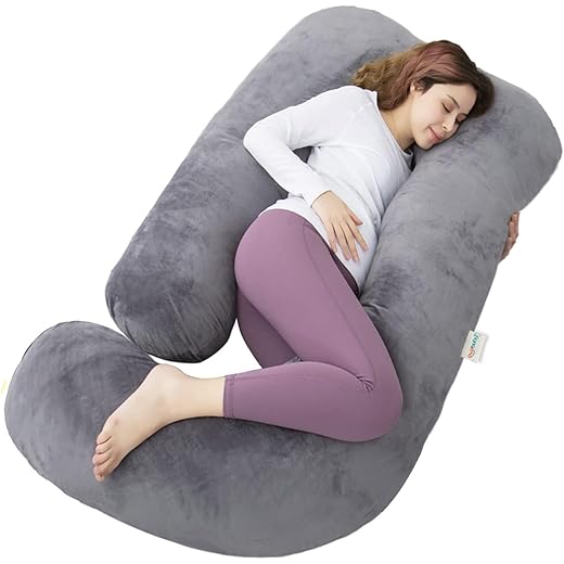OYO BABY Pregnancy Pillows for Sleeping J-Shape Full Body Pillow and Maternity Support - for Back, HIPS, Legs, Belly for Pregnant Women with Removable Washable Velvet Cover (Grey)