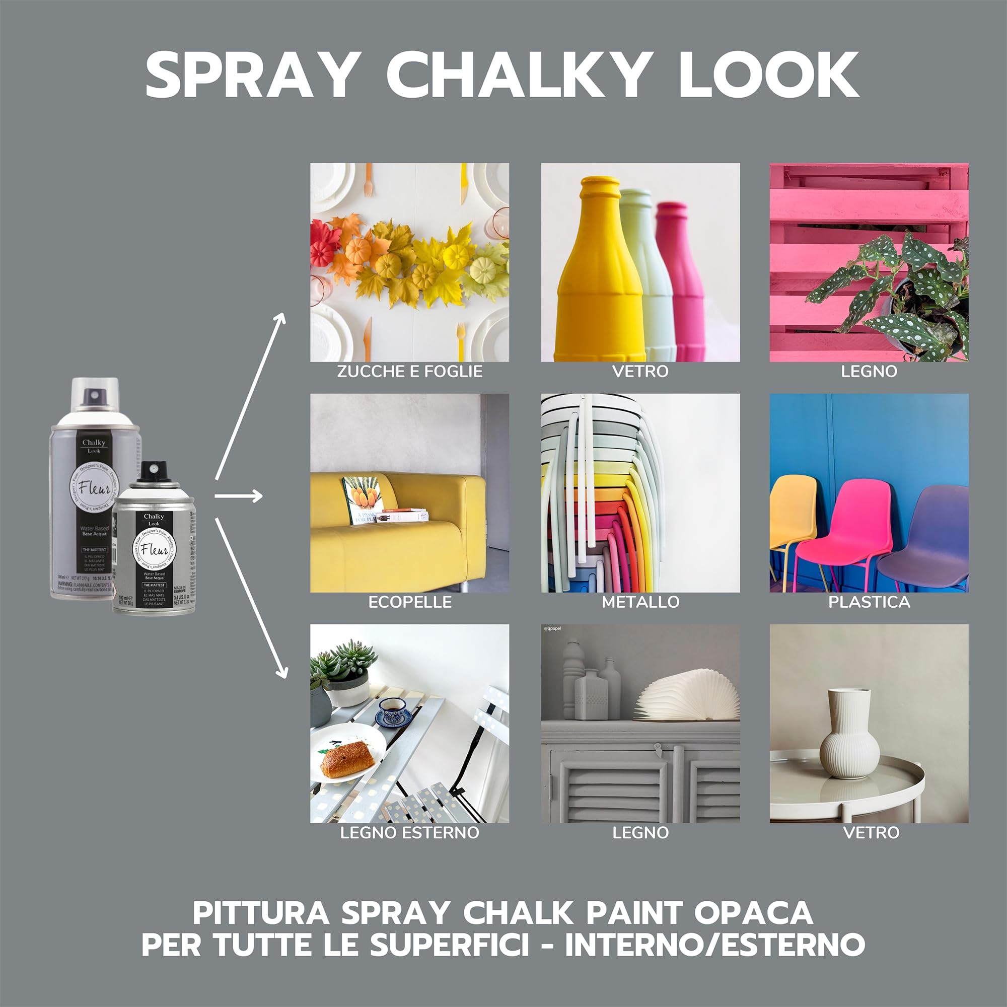 FLEUR Spray Vernice Chalk Paint, Extra Opaco, all' Acqua senza Odore, MultiSuperficie, 300 ml F01 Titanium White, Effetto Gesso, Shabby Chic Vintage, per Mobili, per Interno - Esterno