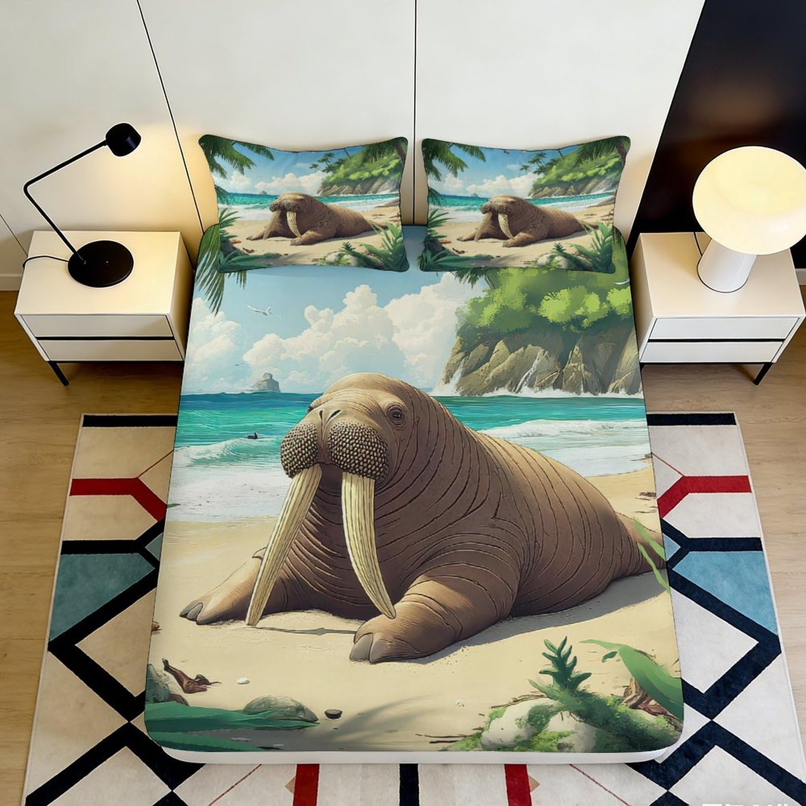 3D Printed Beach Walrus Fitted Sheet Microfiber Non-Slip Deep Pocket Ocean Mattress Fitted Cover Washable Bedroom Fitted 90x200x25cm