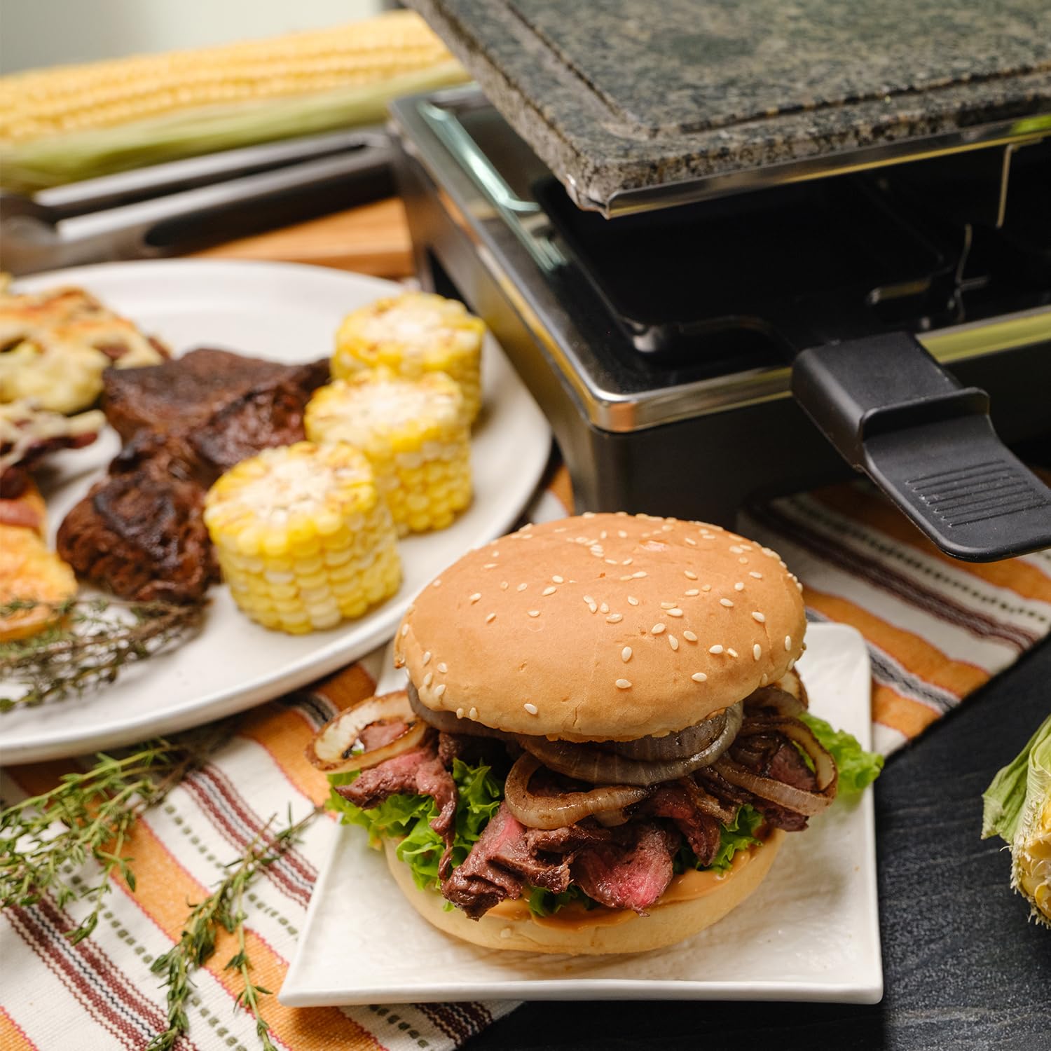 CUSIMAX Raclette Grill, Electric Grill, Portable Indoor Grill with 2 in 1 Reversible Non-stick Plate & Natural Grill Stone, 1500W Korean BBQ Grill, 8 Pans & Wooden Spatulas