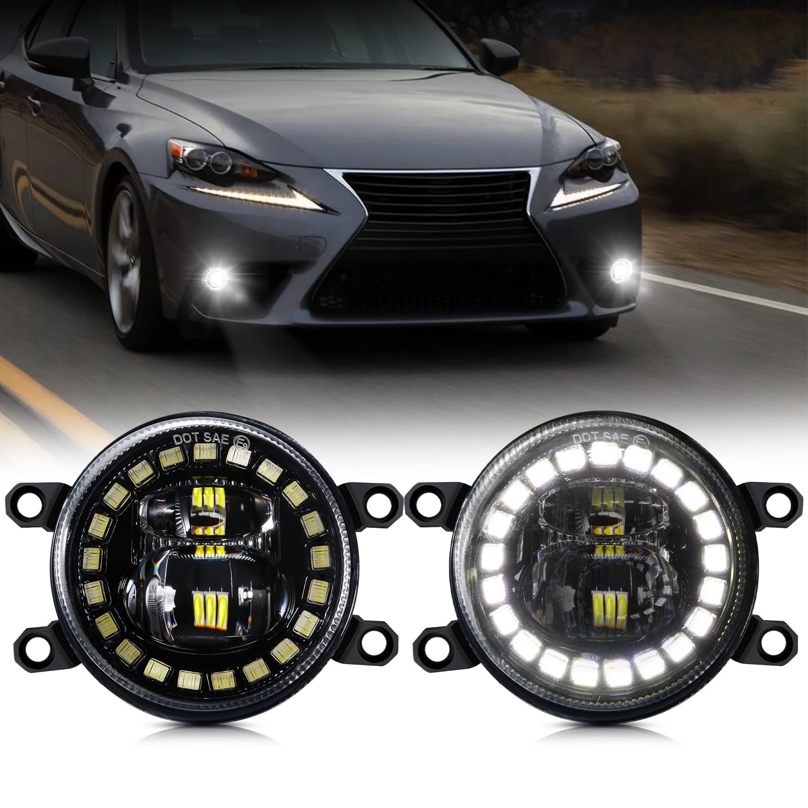 Auxbeam LED Fog Lights with Halo DRL, Daytime Runing Lights IP67 Universal for Toyota Camry Corolla RAV4 Yaris Prius Highlander Venza Avalon Matrix Solara, Fog Lamps for Lexus GS IS LX RX ES CT