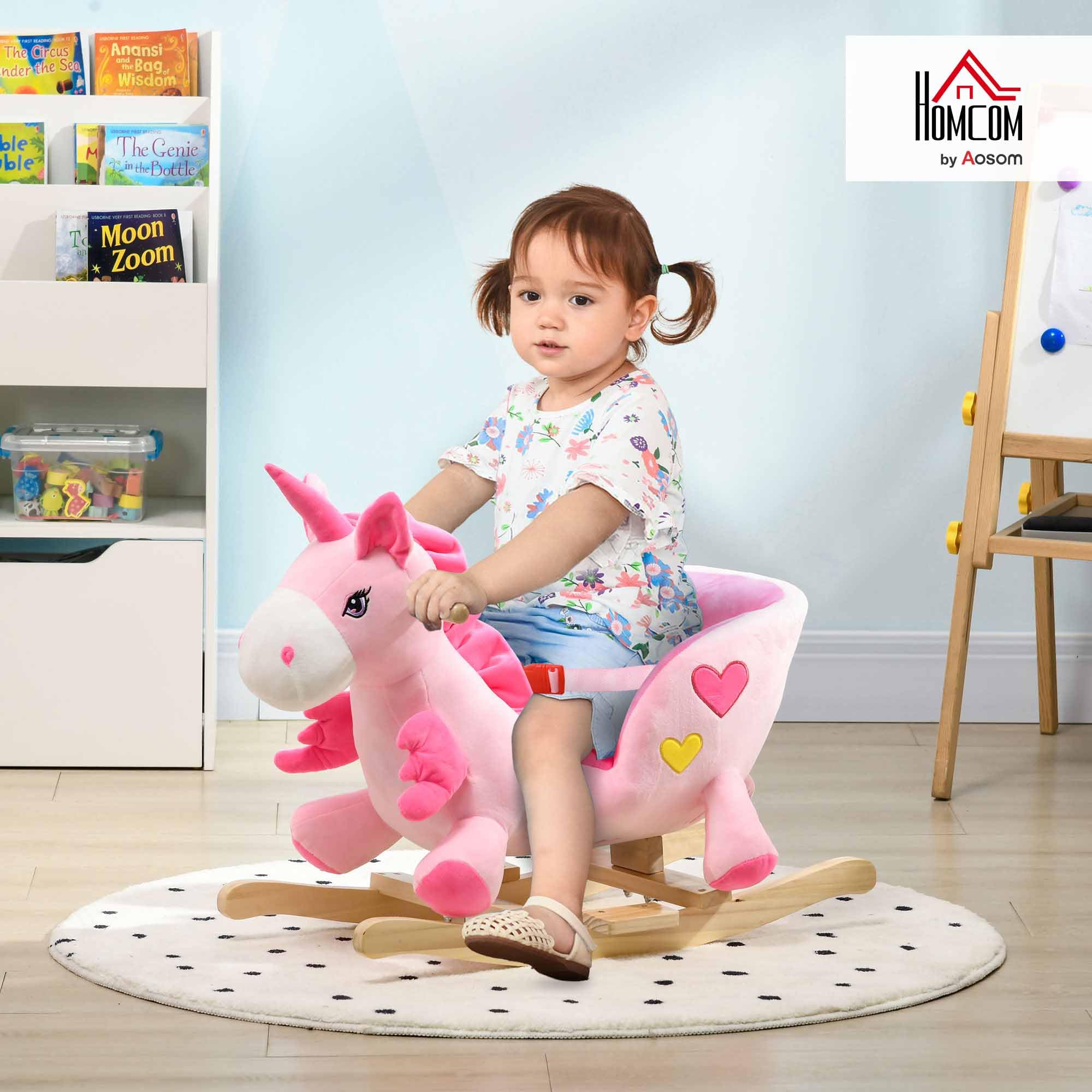 HOMCOM Caballito Balancín para Bebés 18-36 Meses Caballo Balancín en Forma de Unicornio con Música Cinturón de Seguridad Manillar y Reposapiés Carga 30 kg 65x35x45 cm Rosa