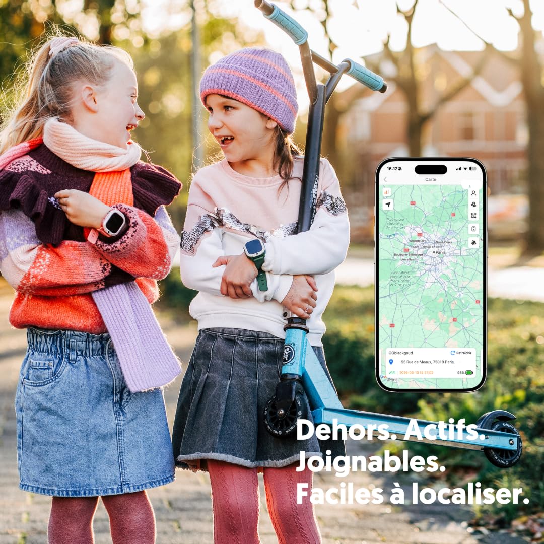 Rebel Cactus Montre Connectée Enfant Vert - Montre Enfant GPS avec Appel et Carte SIM, Grande Mémoire, Limite de Temps Réglable, Fonds d’Écran Personnalisables, étanche IP67