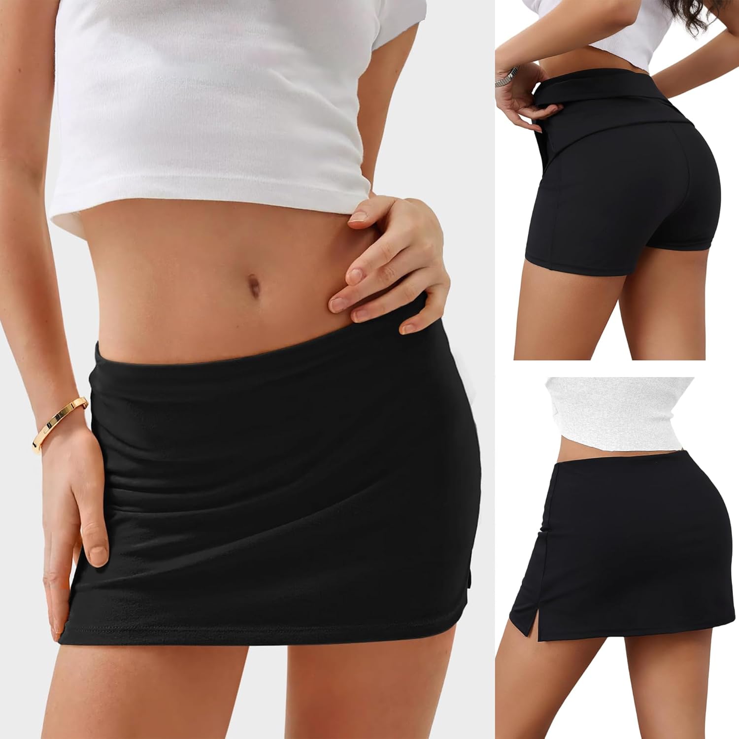 Micro Mini Skorts Mid Waist Skirt with Shorts Stretch Athletic Skort Sexy Side Slit Pencil Bodycon Skirts Summer Going Out Outfit Black L - Image 2