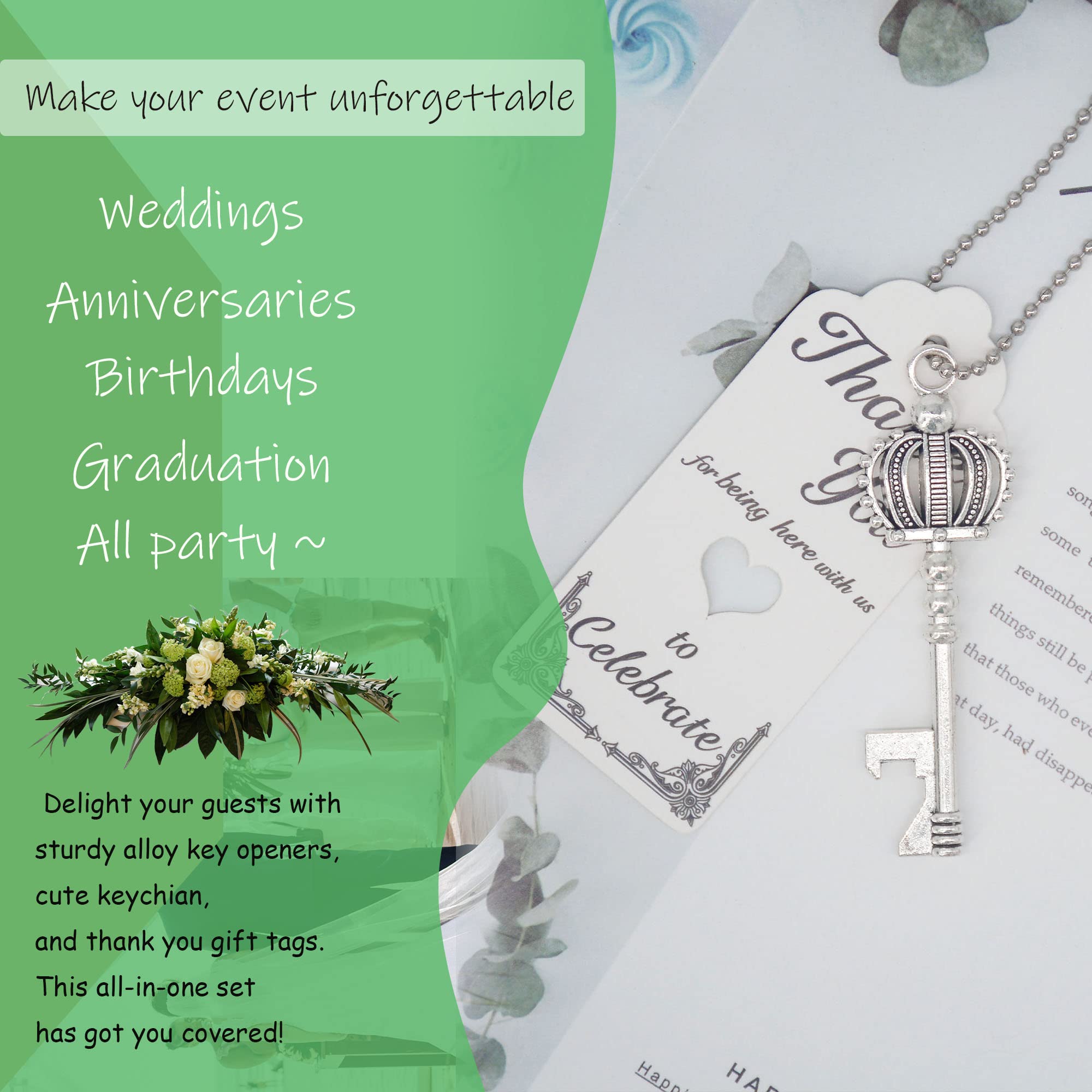 Apribottiglie a chiave, bomboniere, 100 pezzi, con scheletro, portachiavi e biglietti di ringraziamento, per matrimonio, compleanno, per ospiti (argento)