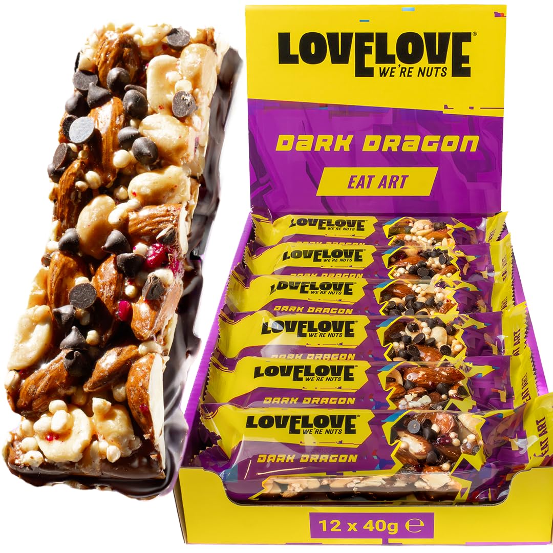 LOVELOVE Dark Dragon Nussriegel, Mandeln & Zartbitterschokolade, verfeinert mit Drachenfrucht, Glutenfrei & Ballaststoffreich, 6g pflanzliches Protein, High Magnesium, Ohne Palmöl, Quinoa, 12 x 40 g
