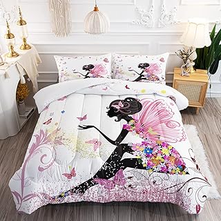 Romantic Butterfly Flower Fairy Girl Comforter Set for Kids Teens, Twin Size Girl Pink Wings in a Floral Dress Quilts with 2 Surreal Garden Flying Butterflies Pillowcases - 68
