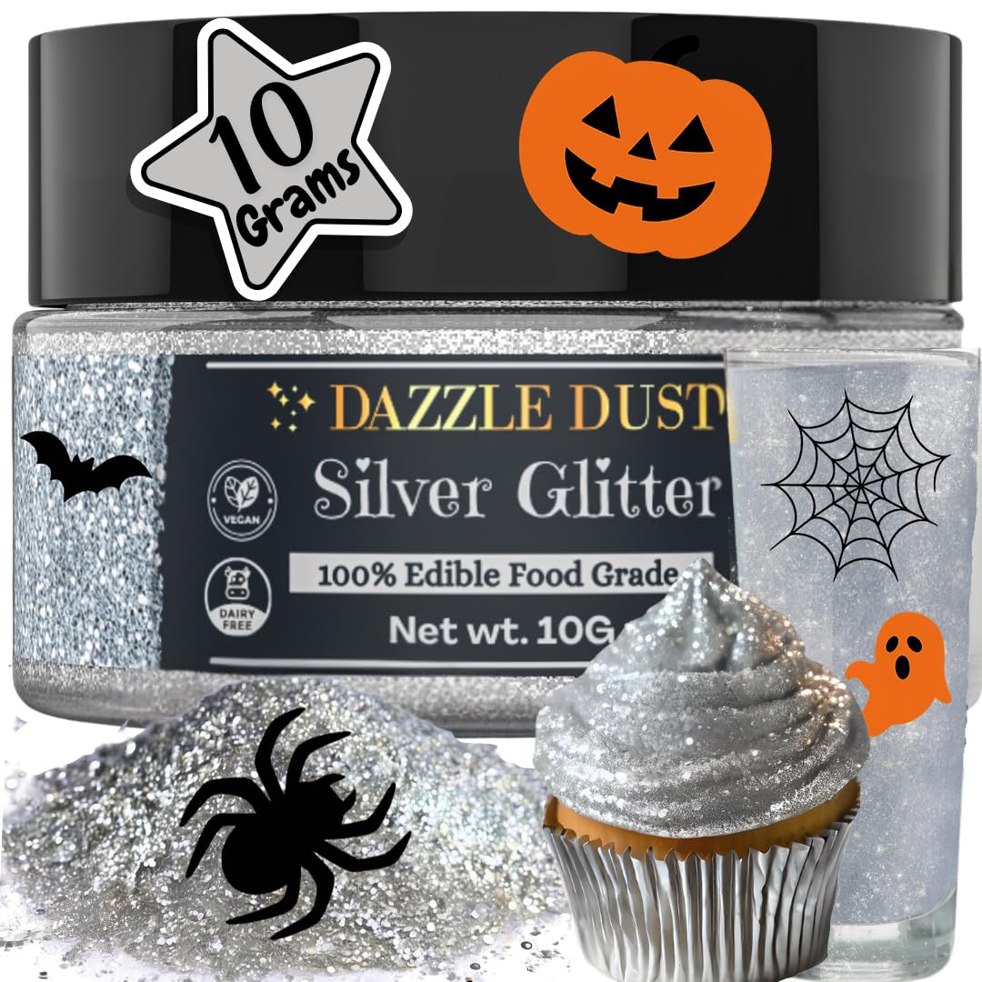 Dazzle Dust Edible Glitter Sprinkles for Cake Decorating, Drinks, Cookie, Icing, Dessert Decorations, Sparkly Luster, Food-Grade, Vegan, Gluten Free, Kosher, Bulk 10g, Silver