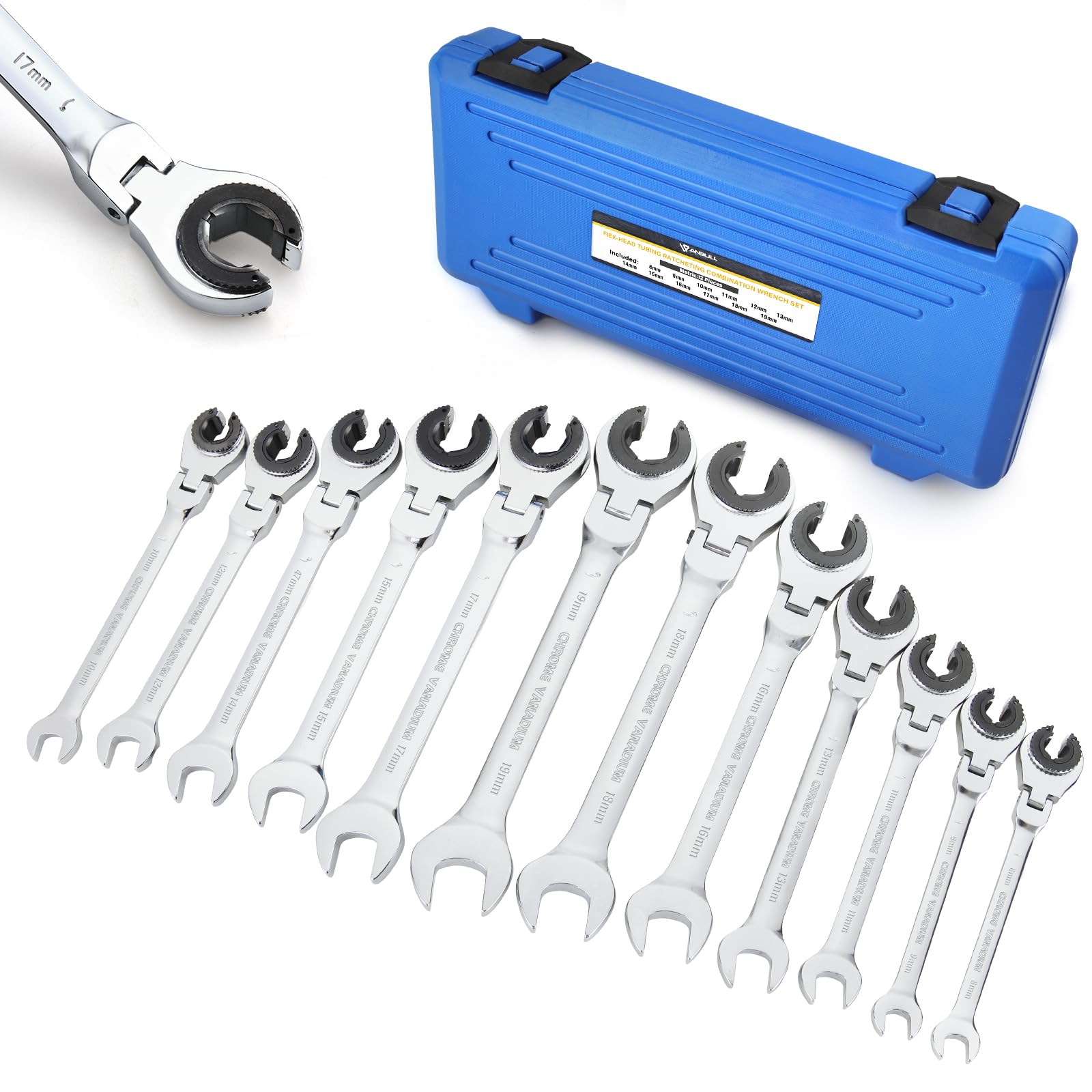Anbull Chiave a cricchetto con testa flessibile, a doppia estremità aperta Metrico 8mm a 19mm, 72 denti con testa regolabile di 180, Cr-V, Ratcheting Wrench Set, Con custodia per il trasporto